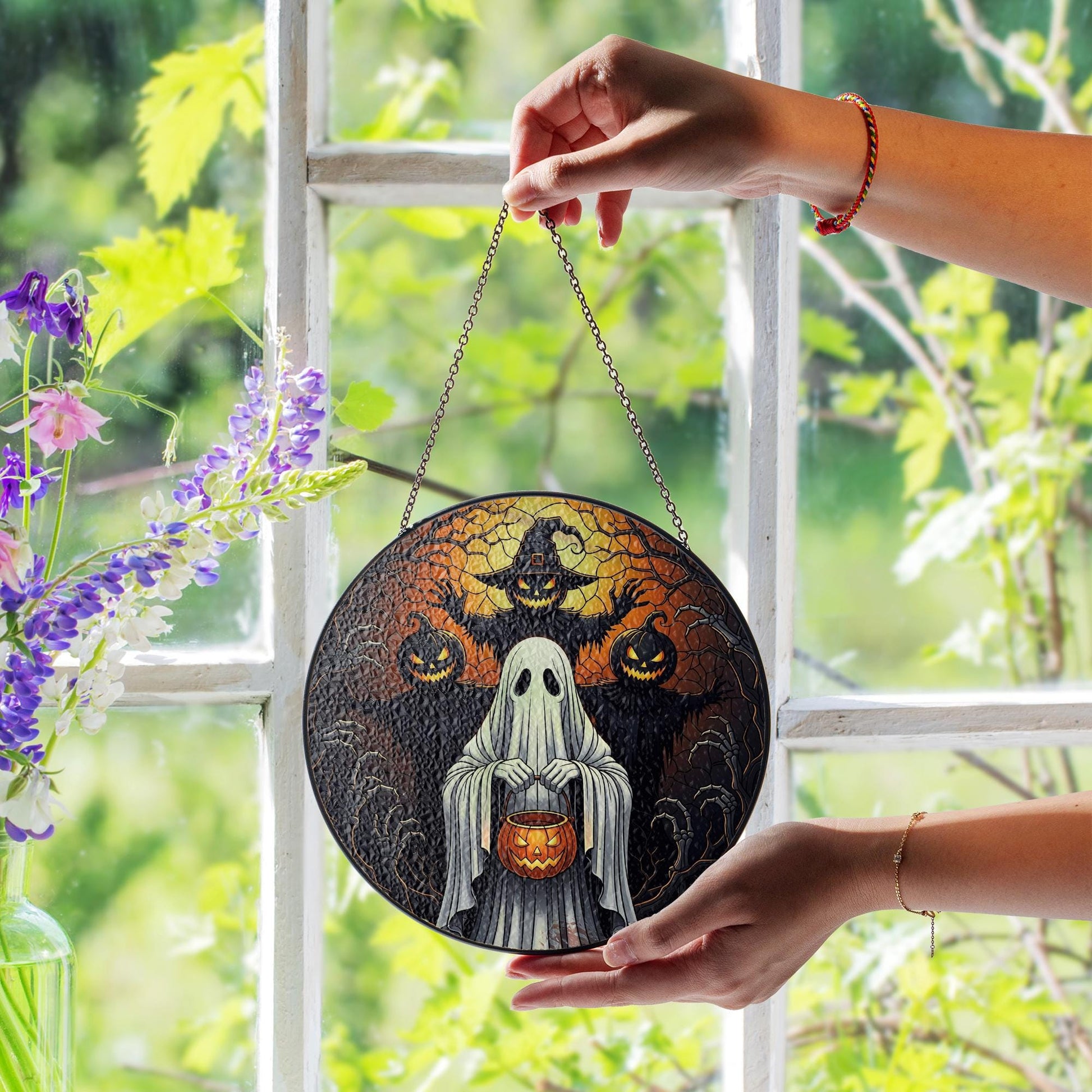 Halloween Ghost Pumpkin Stained Glass Suncatcher | Spooky Fall Hanging Window Decor | Witch Jack-o-Lantern Panel