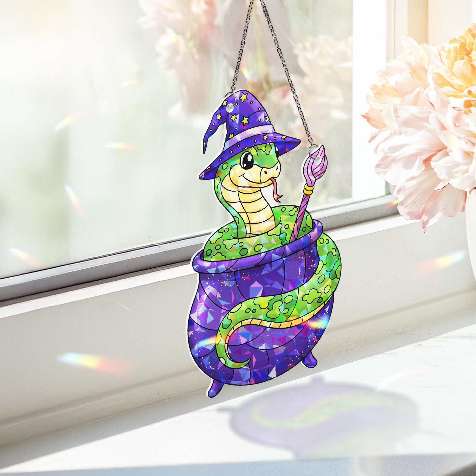 Witch Snake Cauldron Stained Glass Suncatcher | Cute Halloween Reptile Window Hanging | Magic Serpent Fall Decor