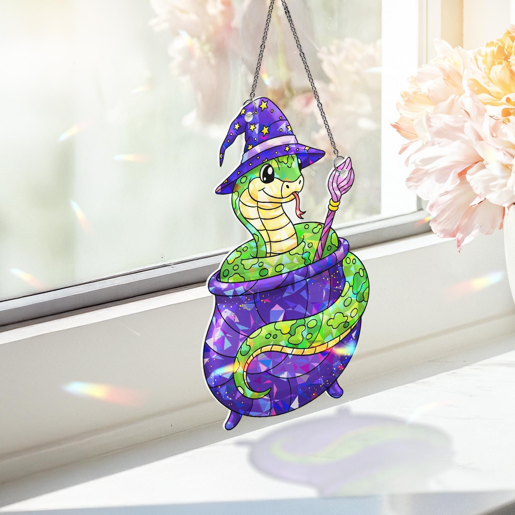 Witch Snake Cauldron Stained Glass Suncatcher | Cute Halloween Reptile Window Hanging | Magic Serpent Fall Decor