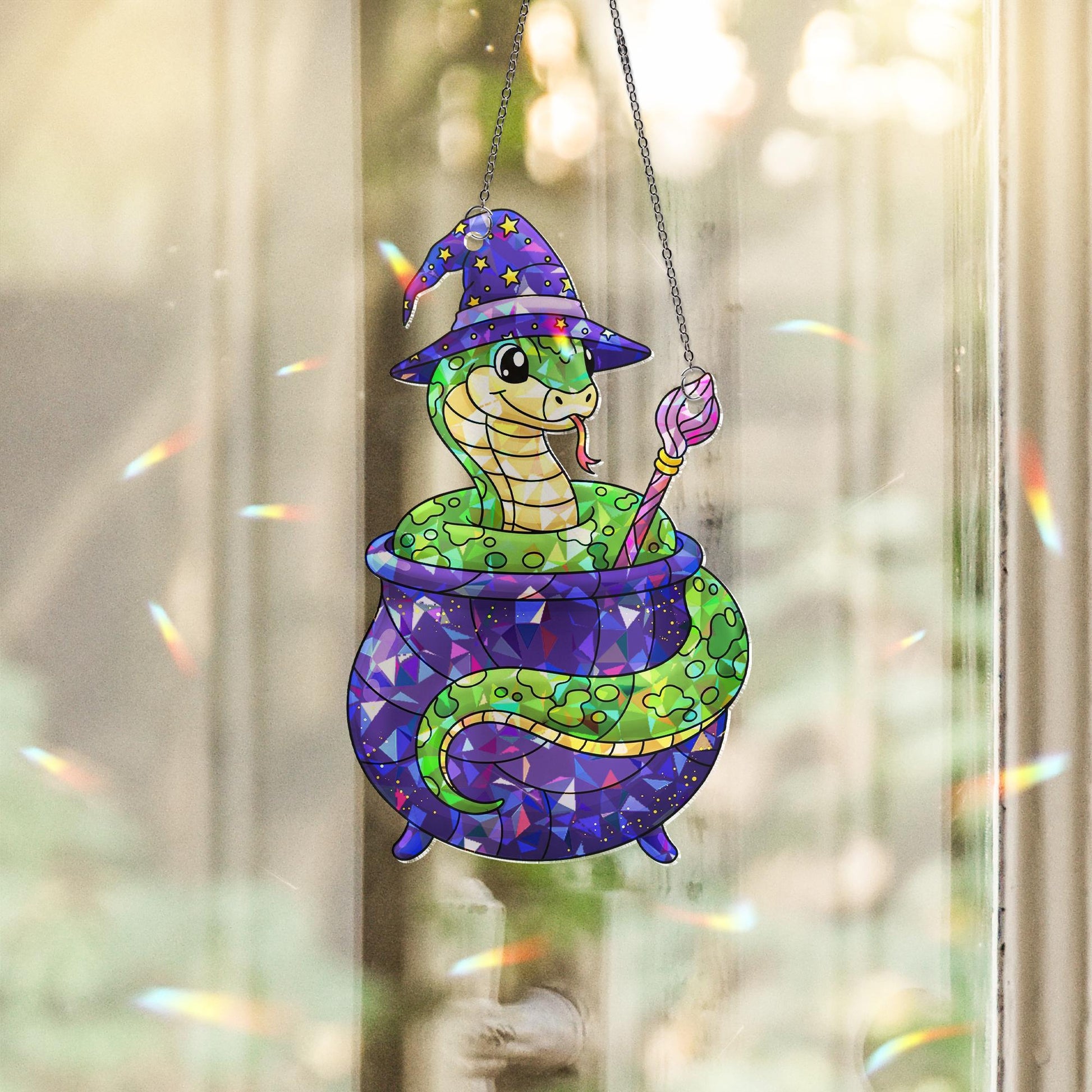 Witch Snake Cauldron Stained Glass Suncatcher | Cute Halloween Reptile Window Hanging | Magic Serpent Fall Decor