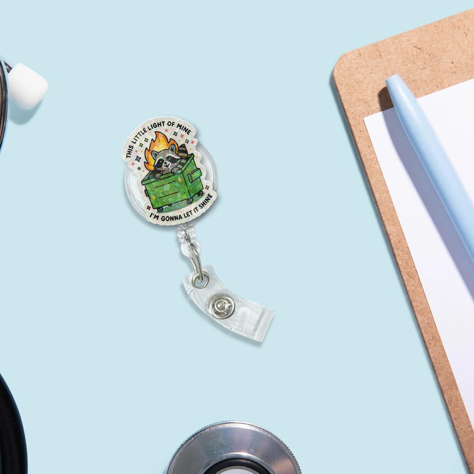 Dumpster Fire Badge Reel – Funny Raccoon ID Holder, This Little Light of Mine Let It Shine Clip, Sparkle Chaos Nurse Gift