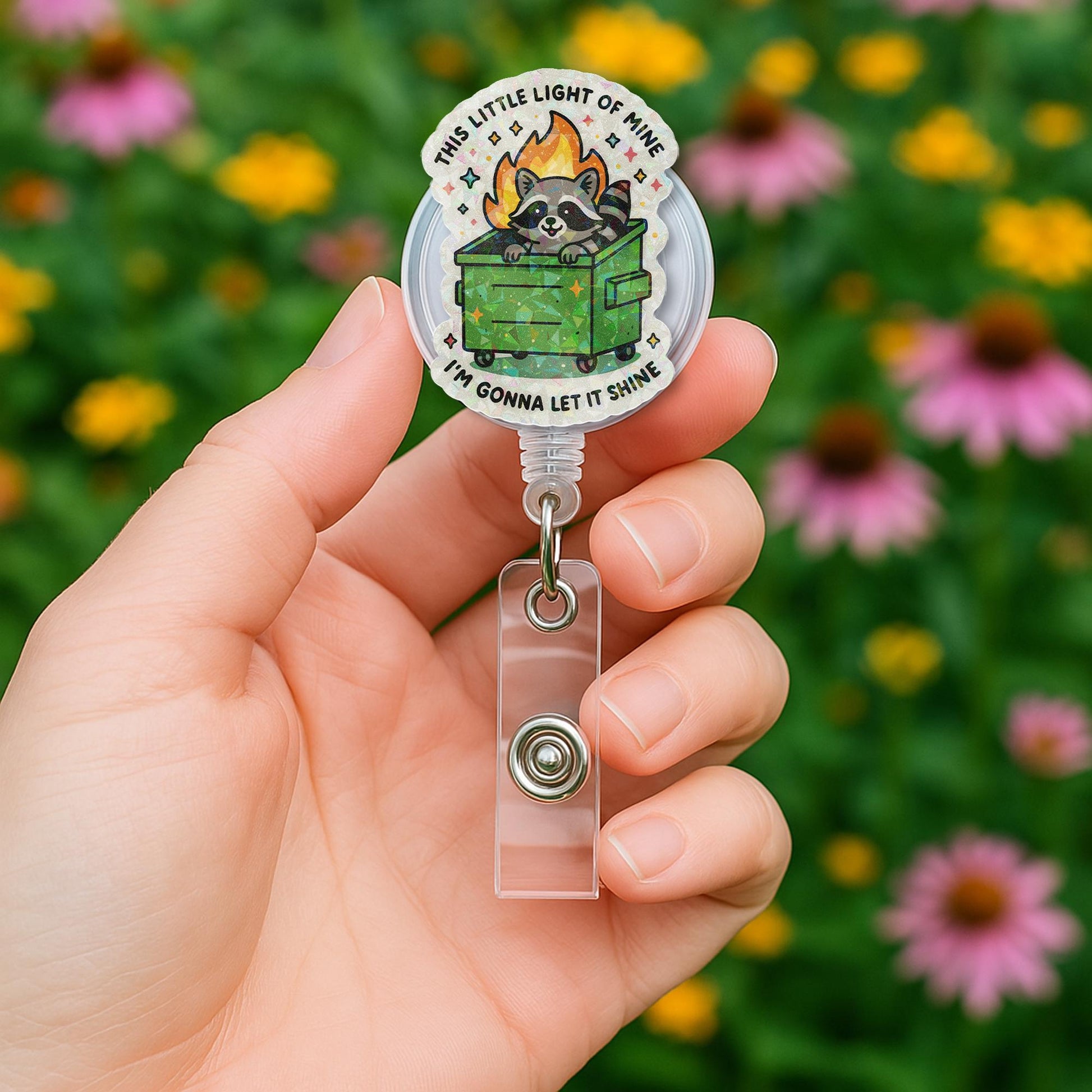 Dumpster Fire Badge Reel – Funny Raccoon ID Holder, This Little Light of Mine Let It Shine Clip, Sparkle Chaos Nurse Gift