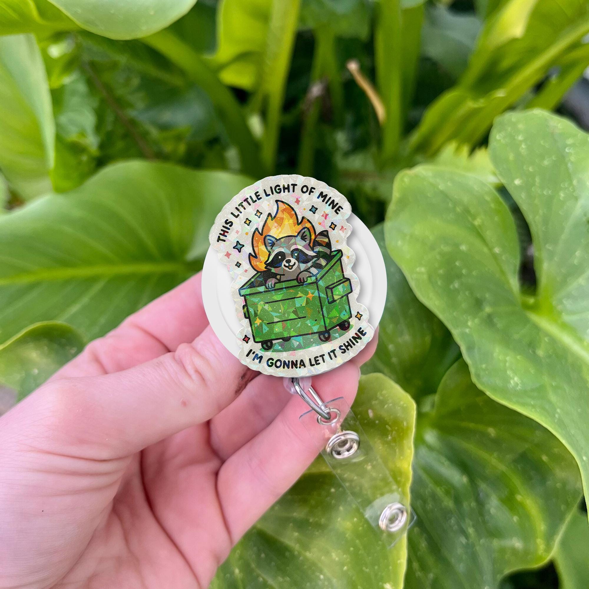 Dumpster Fire Badge Reel – Funny Raccoon ID Holder, This Little Light of Mine Let It Shine Clip, Sparkle Chaos Nurse Gift