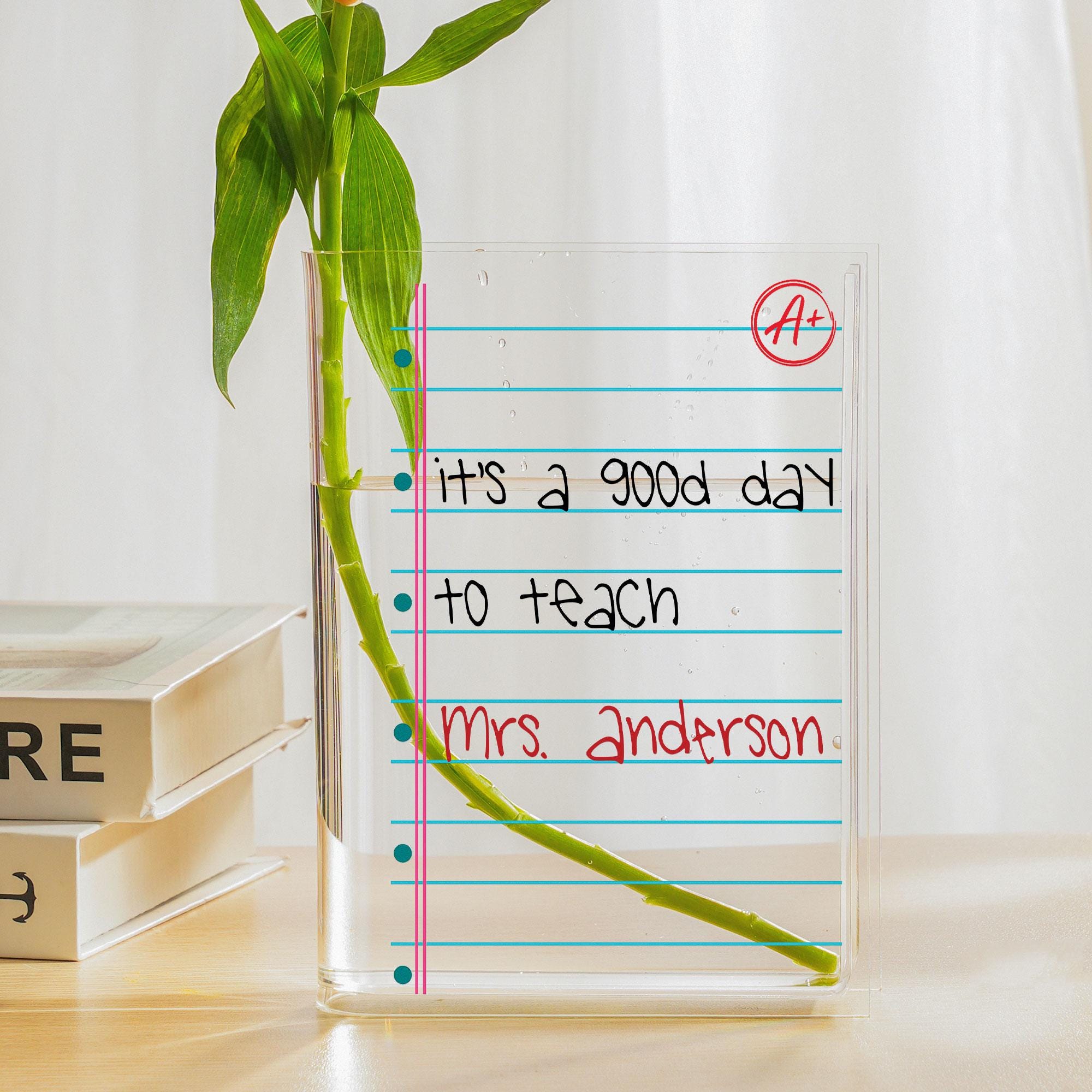 Personalized Teacher Vase Notebook Paper | Acrylic Book Vase with Name | Back to School Teacher Gift | Teacher Classroom Decor Gift