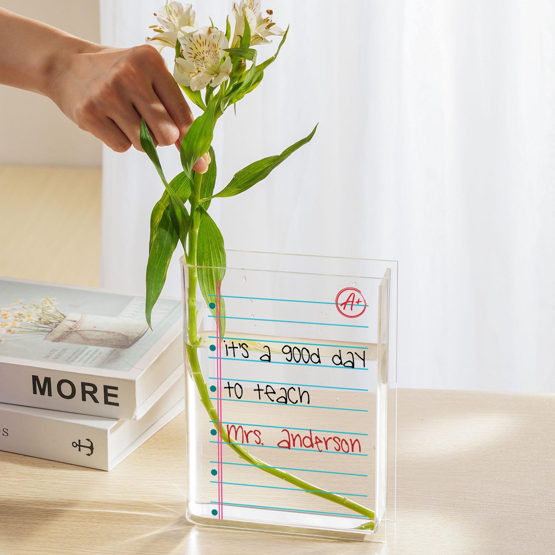 Personalized Teacher Vase Notebook Paper | Acrylic Book Vase with Name | Back to School Teacher Gift | Teacher Classroom Decor Gift