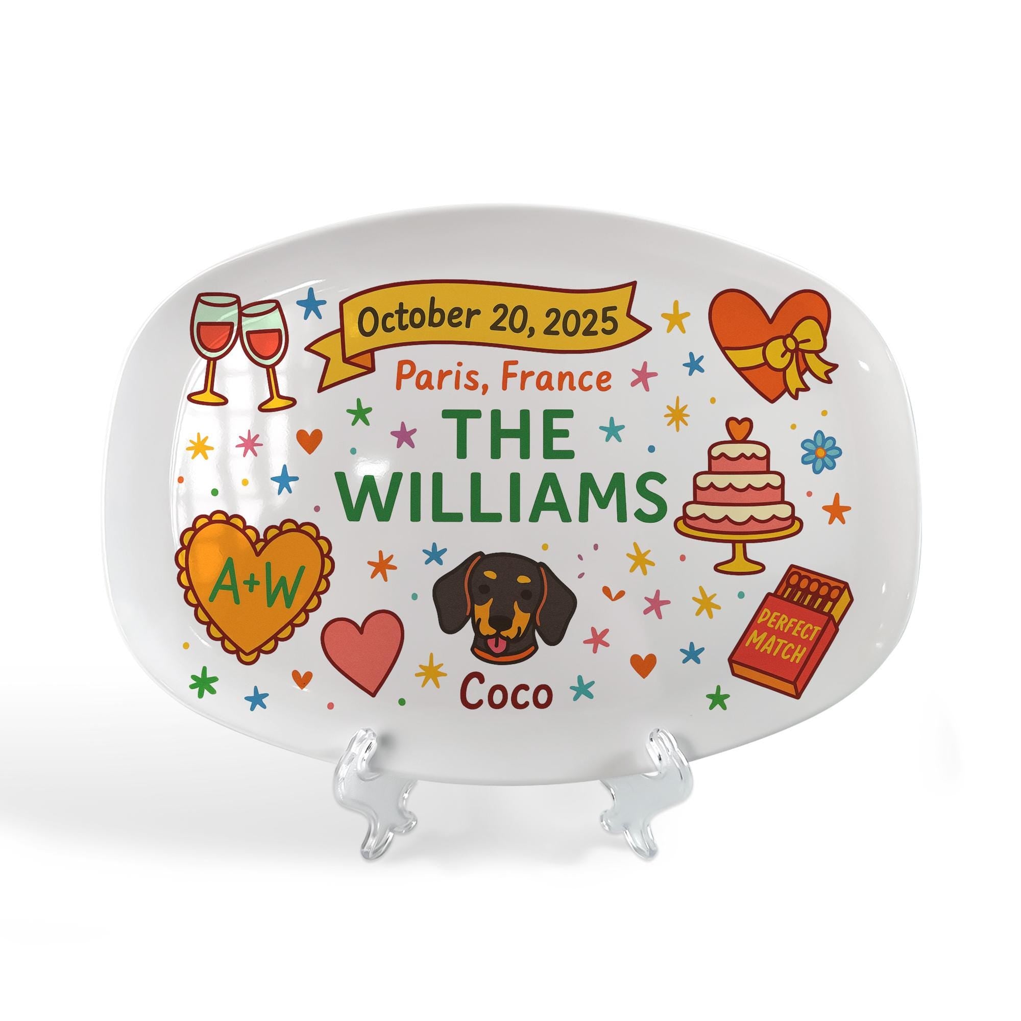 Custom Wedding Platter with Dog, Personalized Couple Gift with Name, Date & Location, Themed Anniversary Keepsake Plate