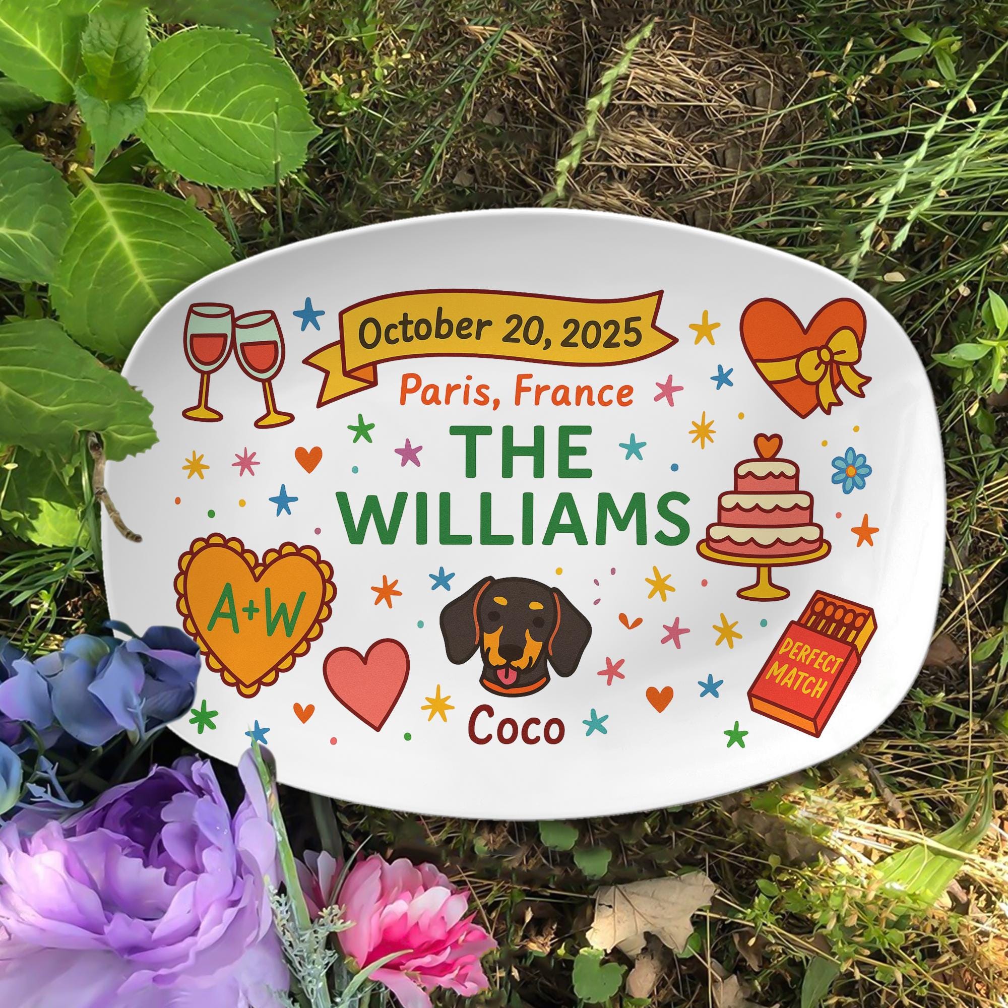 Custom Wedding Platter with Dog, Personalized Couple Gift with Name, Date & Location, Themed Anniversary Keepsake Plate