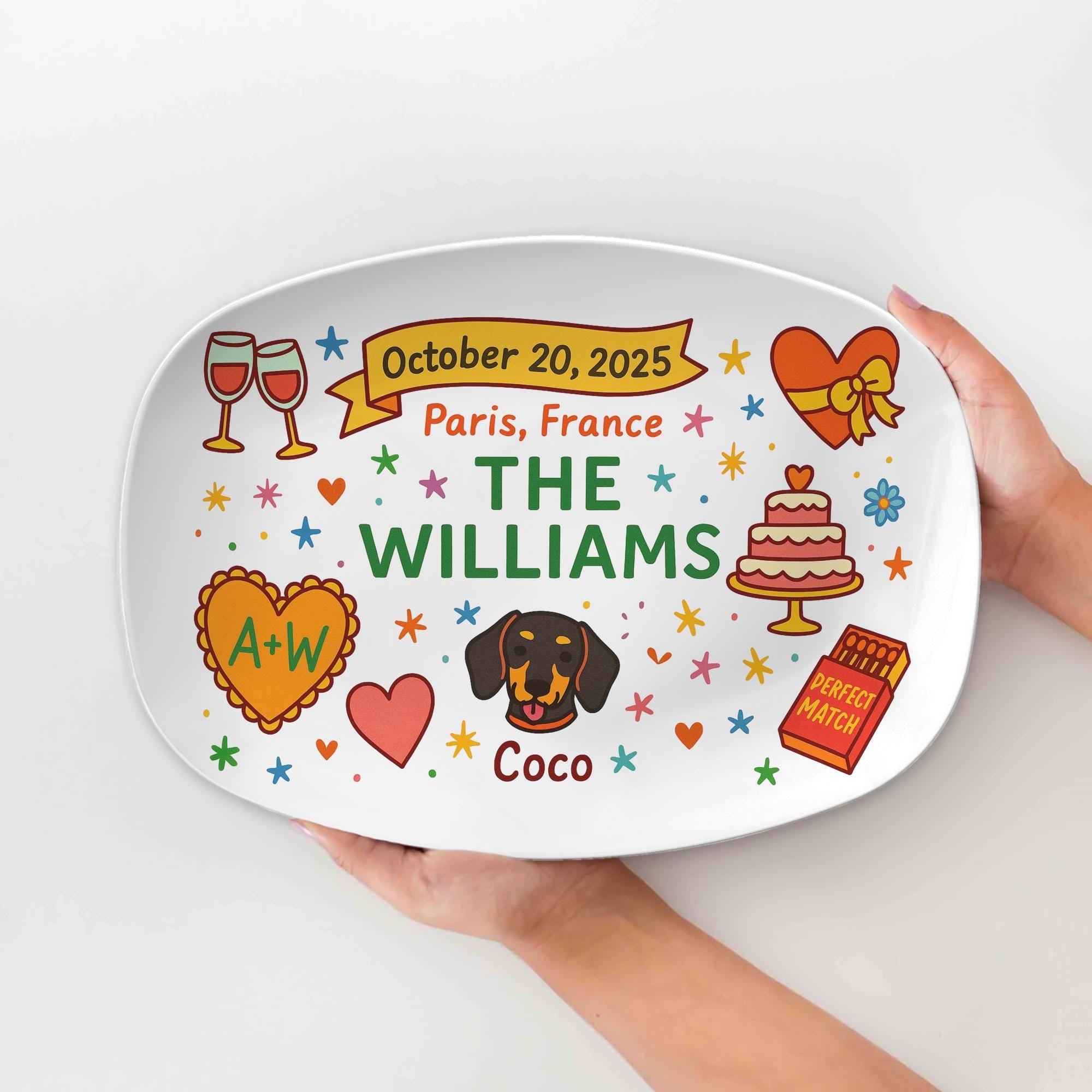 Custom Wedding Platter with Dog, Personalized Couple Gift with Name, Date & Location, Themed Anniversary Keepsake Plate