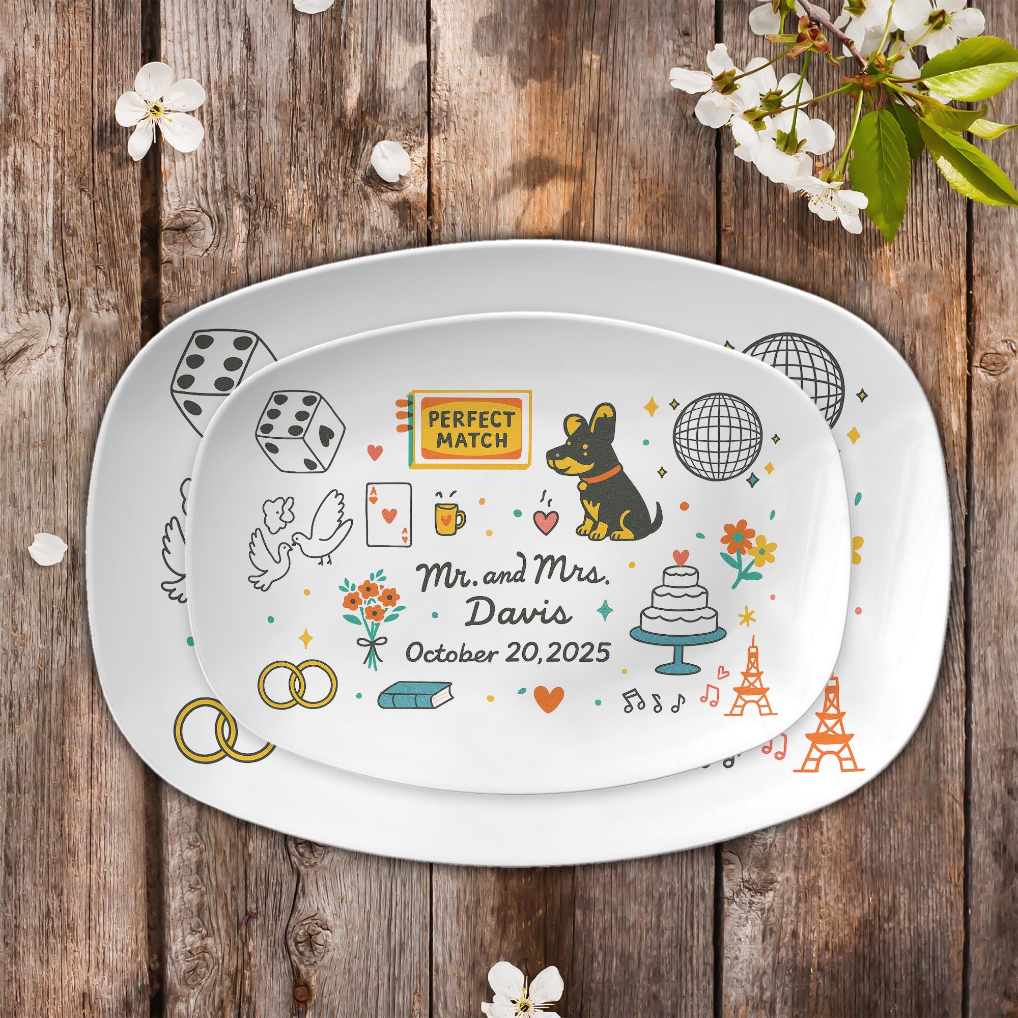 Custom Wedding Platter, Personalized Couple Gift with Date & Dog, Perfect Match Design, Engagement or Anniversary Keepsake plate