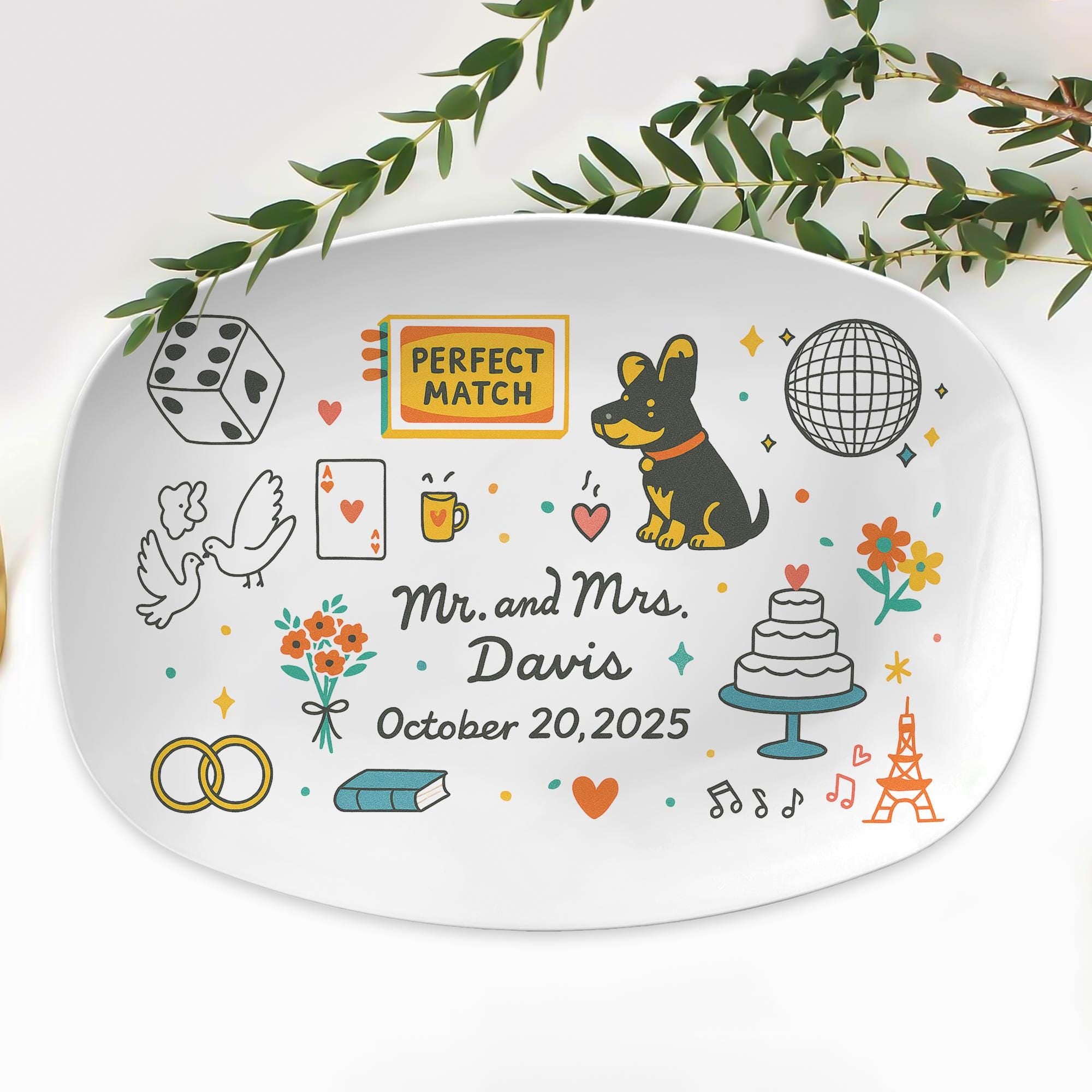 Custom Wedding Platter, Personalized Couple Gift with Date & Dog, Perfect Match Design, Engagement or Anniversary Keepsake plate