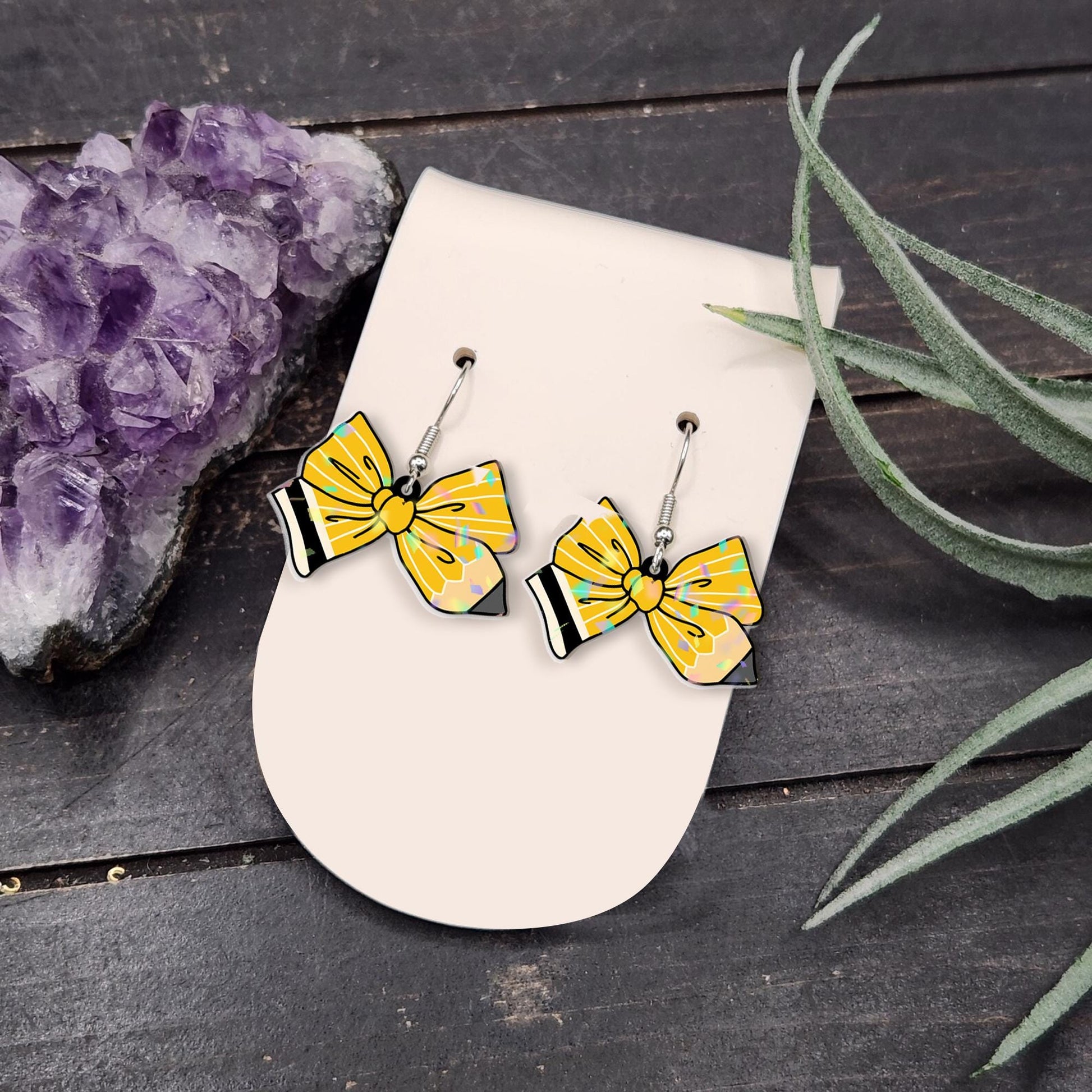 Pencil Bow Earrings for Teachers, Cute Yellow Acrylic Dangle Earrings, Back to School Gift, Fun Classroom Accessory for Educators
