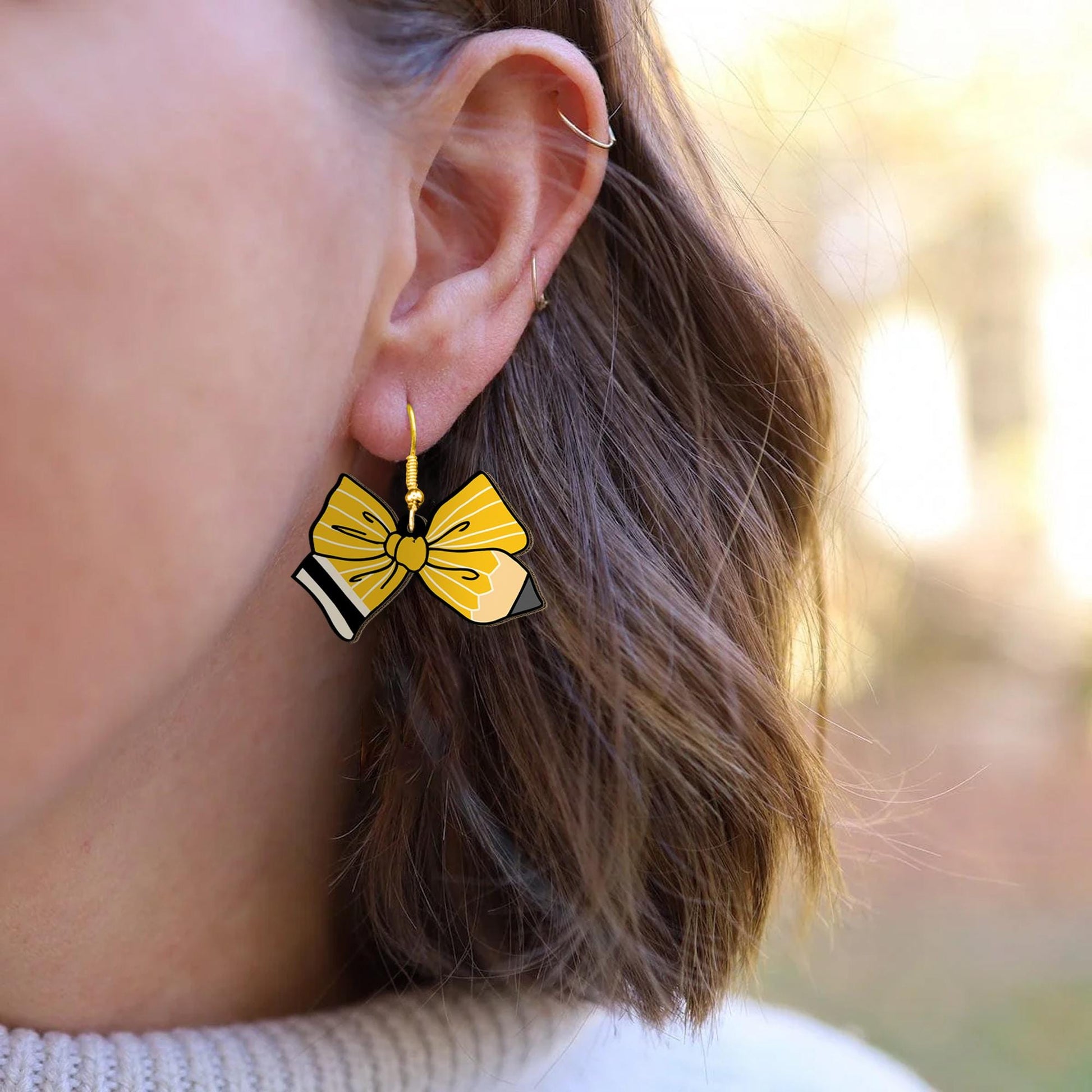 Pencil Bow Earrings for Teachers, Cute Yellow Acrylic Dangle Earrings, Back to School Gift, Fun Classroom Accessory for Educators