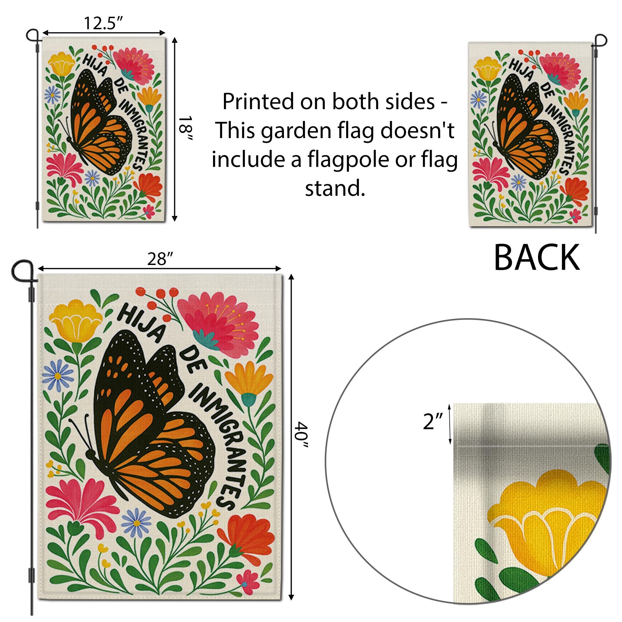 Hija de Inmigrantes Garden Flag, Monarch Butterfly Outdoor Banner, Latina Pride Yard Decor, Bilingual Floral Immigrant Heritage Sign