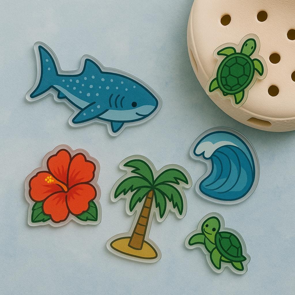 Tropical Summer shoe acrylic Charms , Beach Theme Acrylic Shoe Accessories, Palm Tree, Turtle, Wave, Shark & Hibiscus Sandal Charms