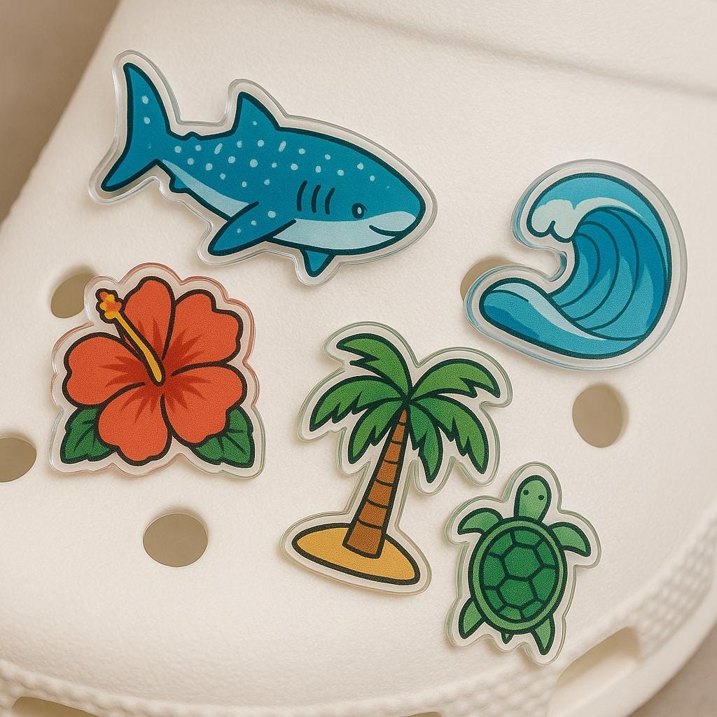 Tropical Summer shoe acrylic Charms , Beach Theme Acrylic Shoe Accessories, Palm Tree, Turtle, Wave, Shark & Hibiscus Sandal Charms