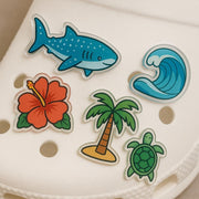 Tropical Summer shoe acrylic Charms , Beach Theme Acrylic Shoe Accessories, Palm Tree, Turtle, Wave, Shark & Hibiscus Sandal Charms