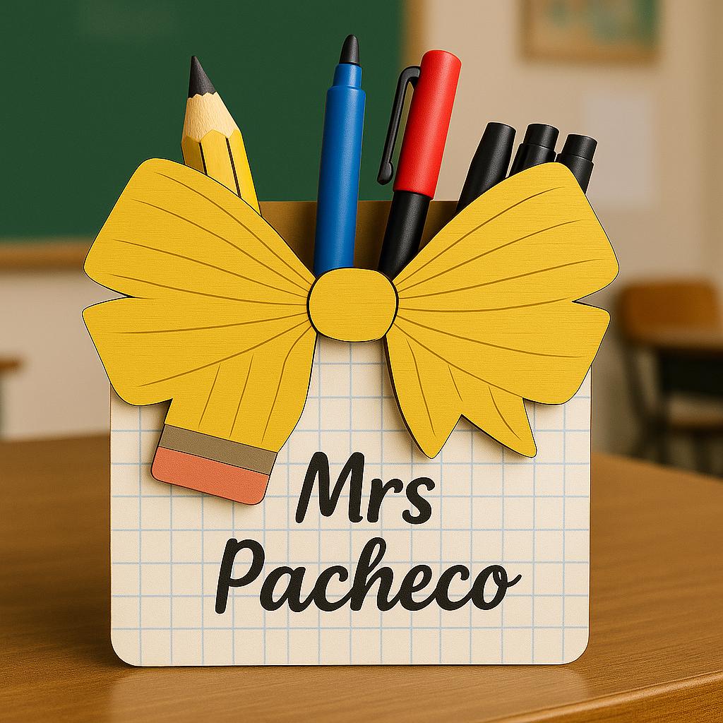 Custom Teacher Pen Holder with Coquette Bow, Personalized Pencil Desk Organizer, Cute Classroom Gift for Back to School or Office