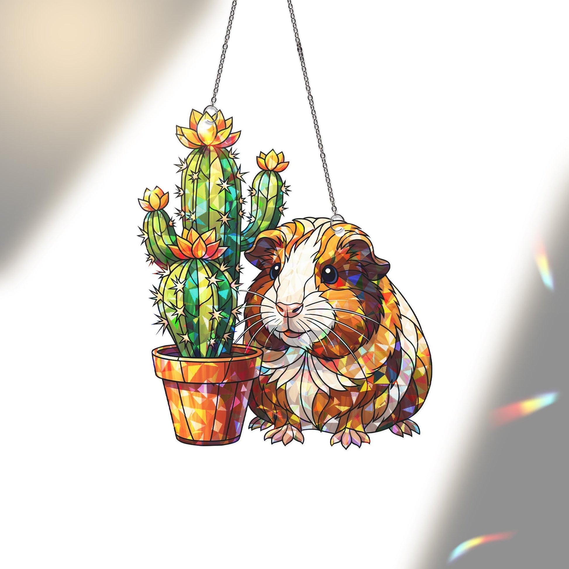 Guinea Pig Holographic Suncatcher, Acrylic Window Hanging with Cactus, Cute Rainbow Pet Lover Gift, Sunlight Prism Decor