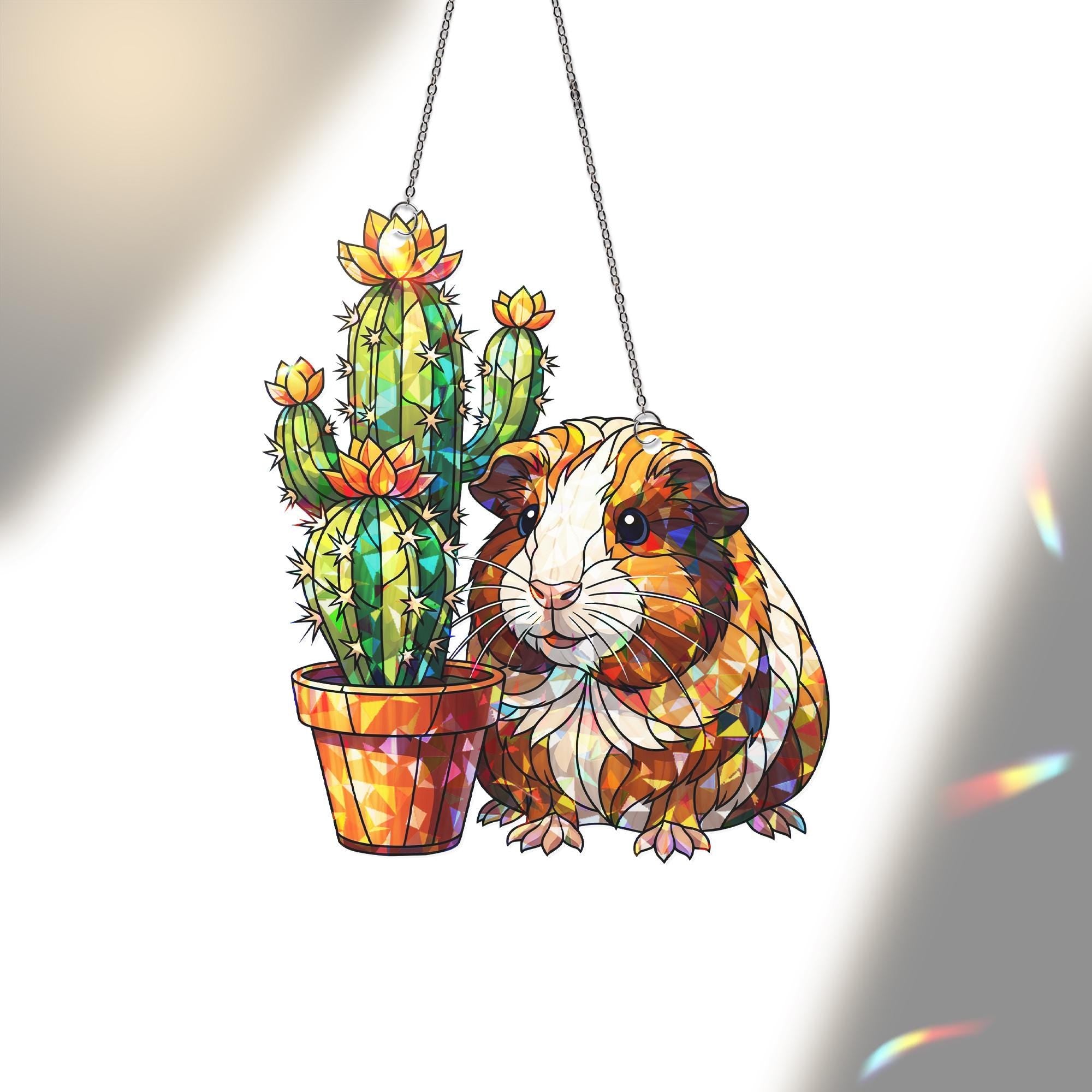 Guinea Pig Holographic Suncatcher, Acrylic Window Hanging with Cactus, Cute Rainbow Pet Lover Gift, Sunlight Prism Decor