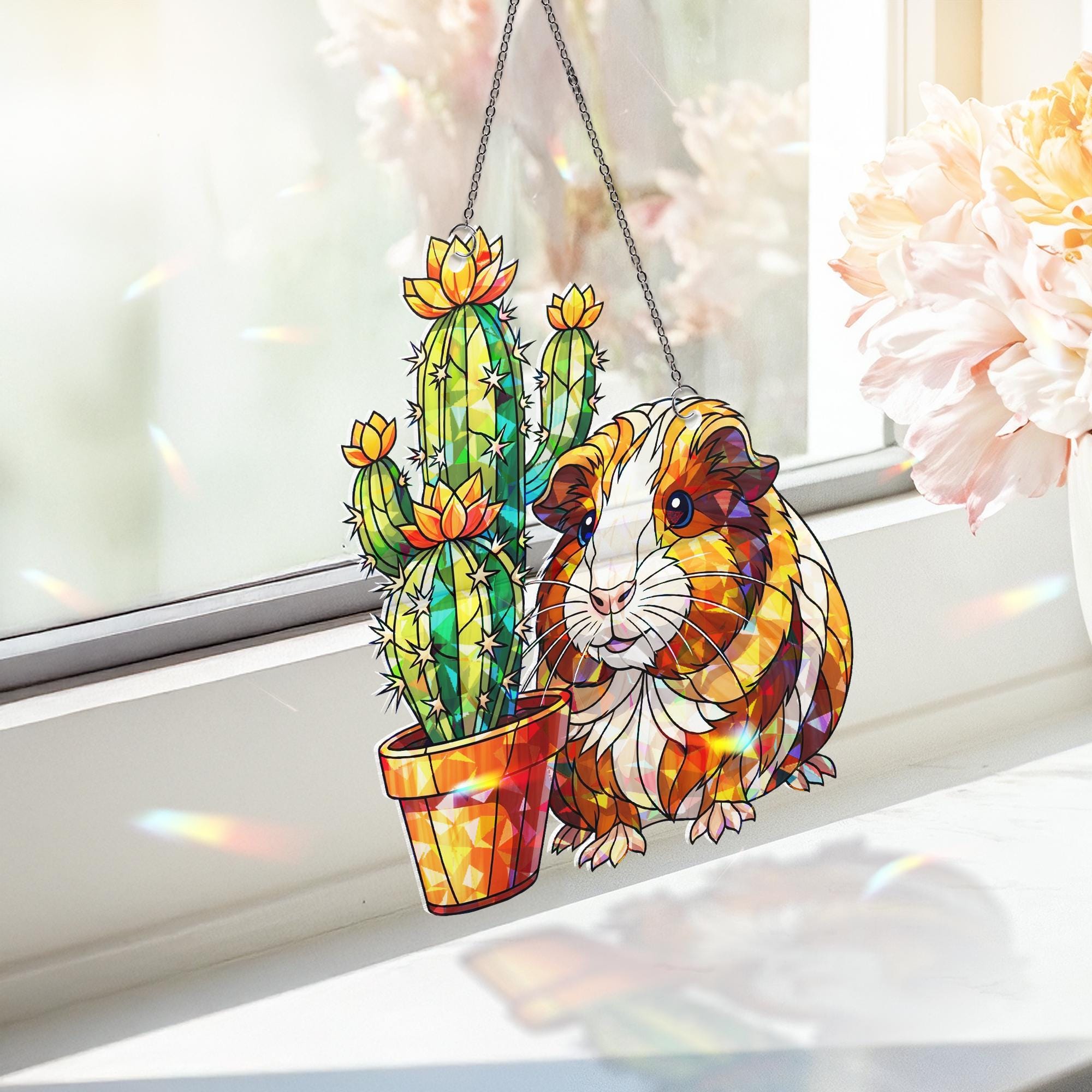 Guinea Pig Holographic Suncatcher, Acrylic Window Hanging with Cactus, Cute Rainbow Pet Lover Gift, Sunlight Prism Decor