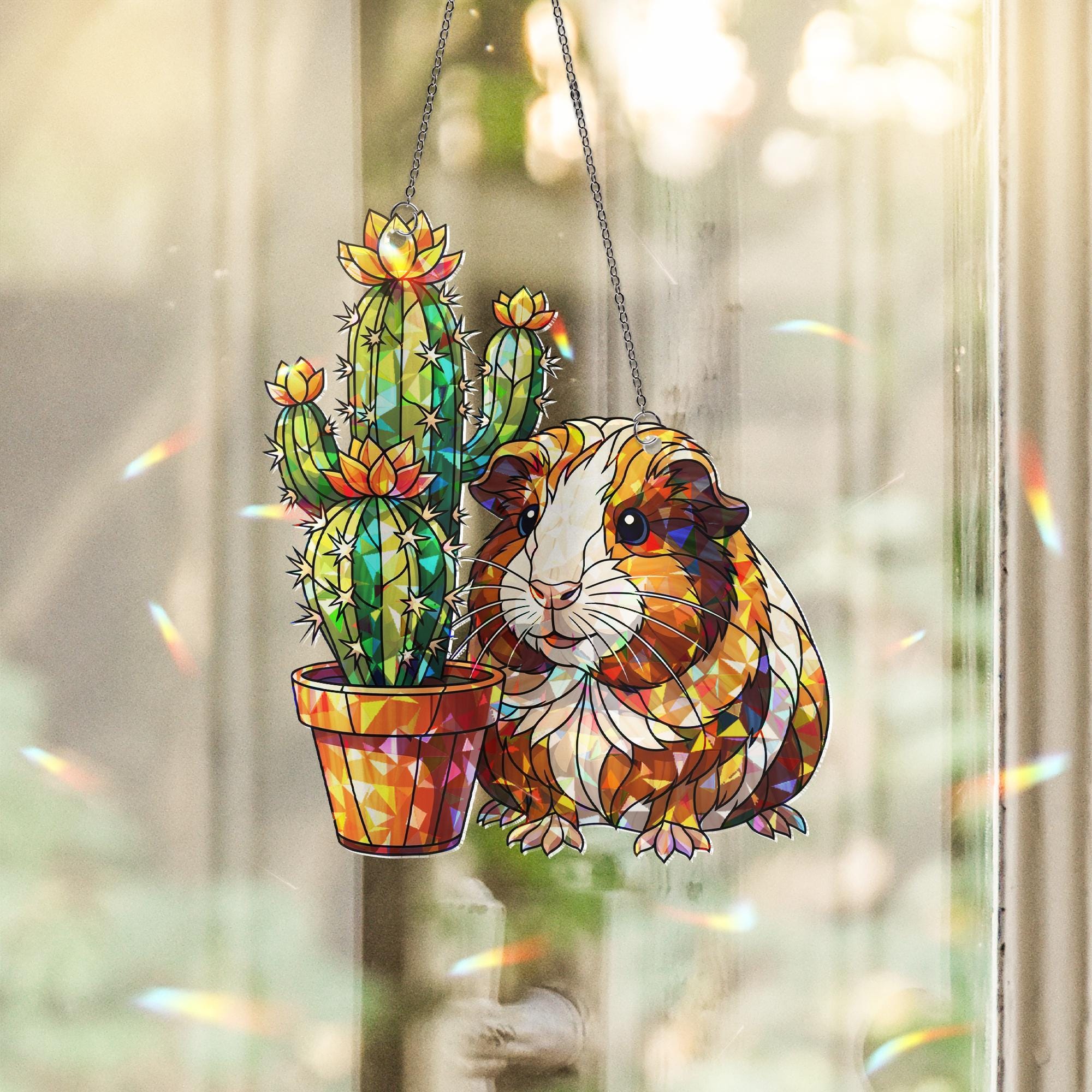 Guinea Pig Holographic Suncatcher, Acrylic Window Hanging with Cactus, Cute Rainbow Pet Lover Gift, Sunlight Prism Decor