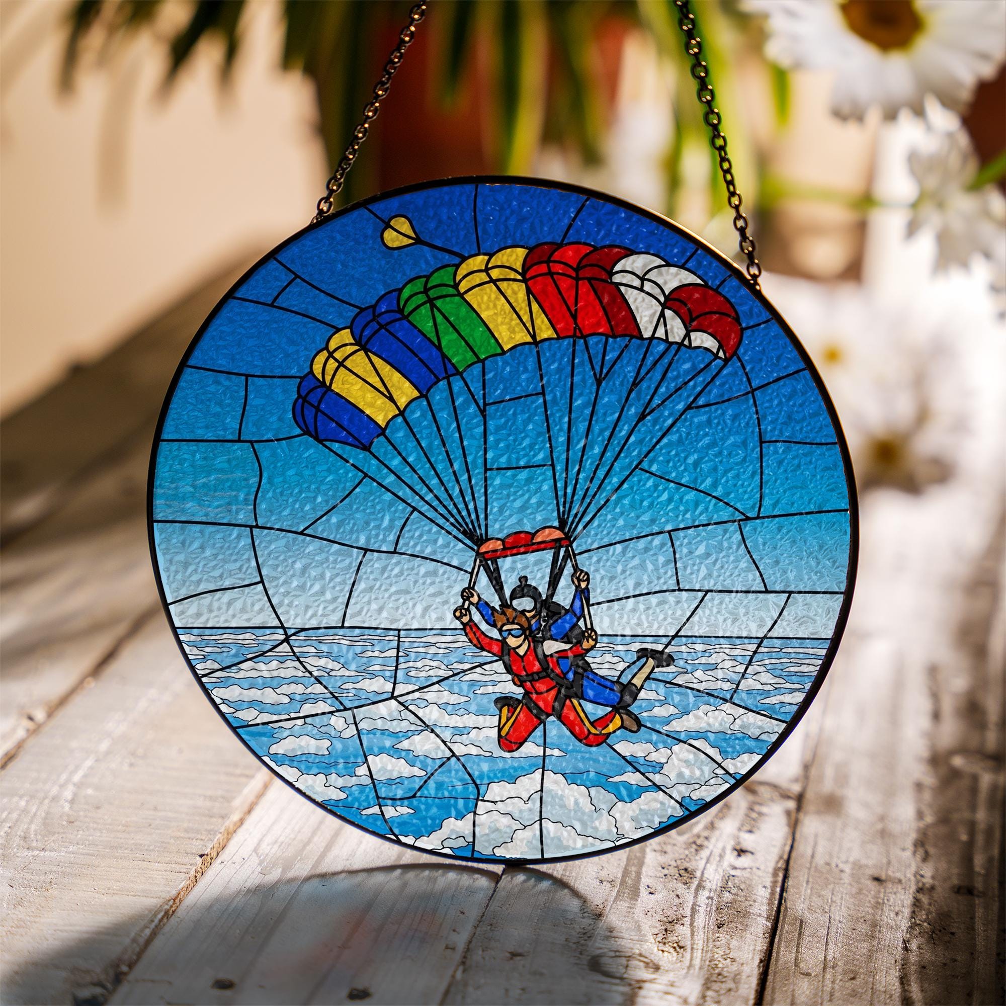 Skydiving Couple Glass Suncatcher, Glass Anniversary Gift, Adventure Love Window Decor, Colorful Parachute Keepsake