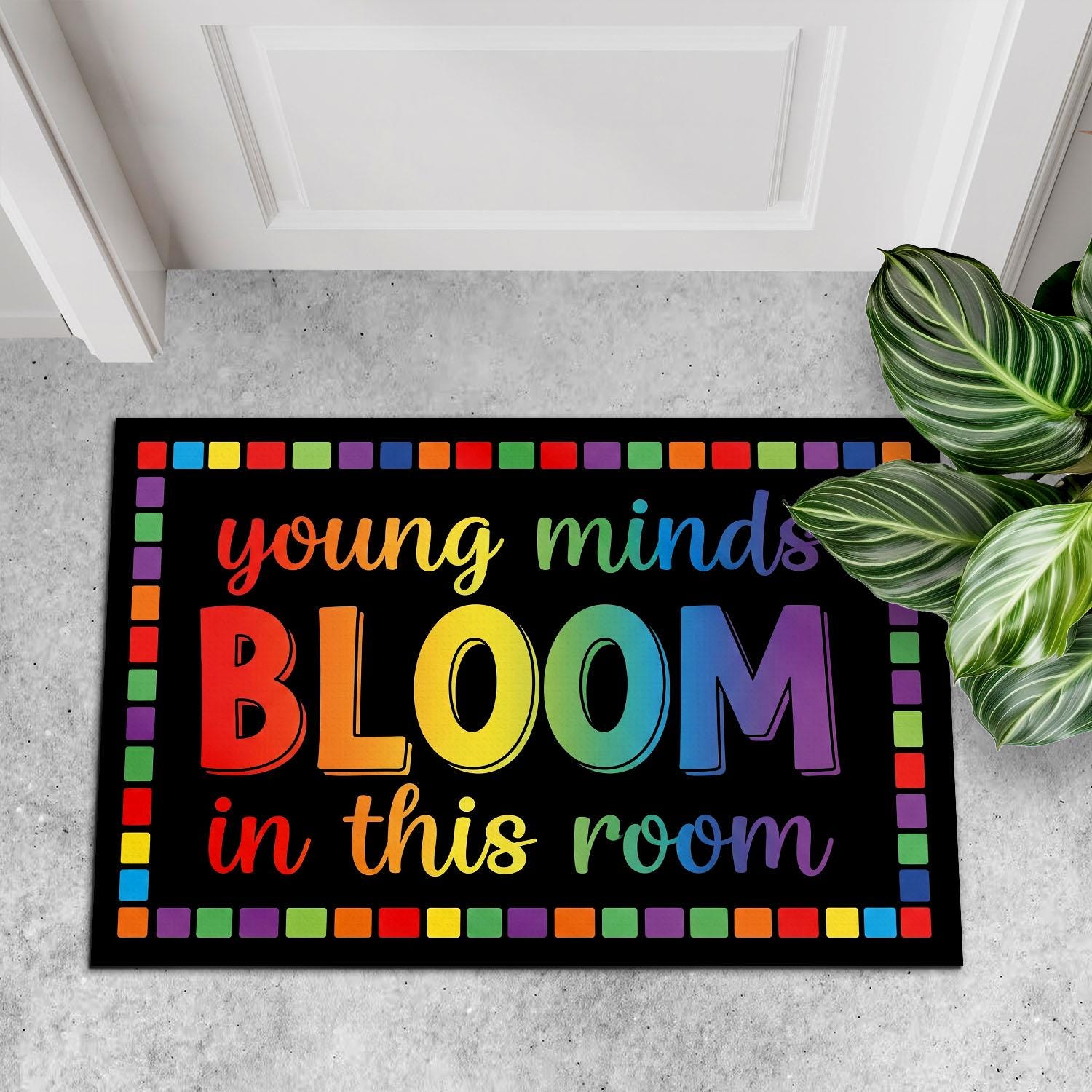 Young Minds Bloom Rug, Classroom Welcome Mat, Rainbow Teacher Doormat, Preschool Room Decor, Colorful Entry Rug for Teachers