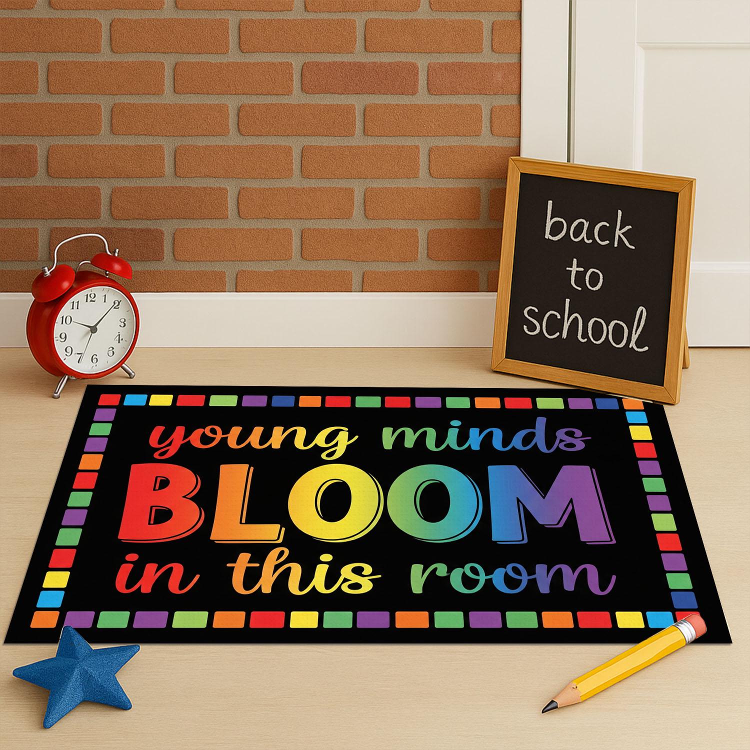 Young Minds Bloom Rug, Classroom Welcome Mat, Rainbow Teacher Doormat, Preschool Room Decor, Colorful Entry Rug for Teachers