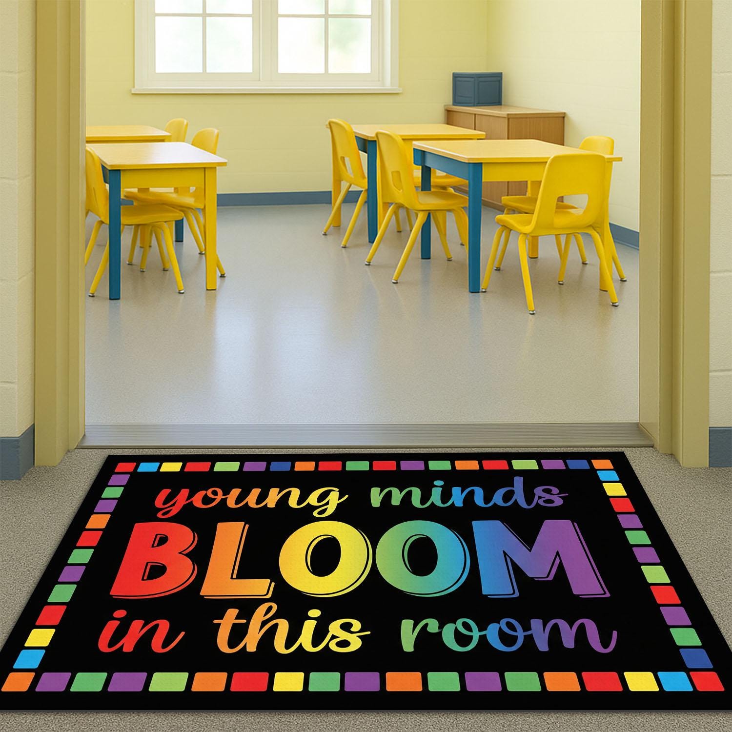 Young Minds Bloom Rug, Classroom Welcome Mat, Rainbow Teacher Doormat, Preschool Room Decor, Colorful Entry Rug for Teachers