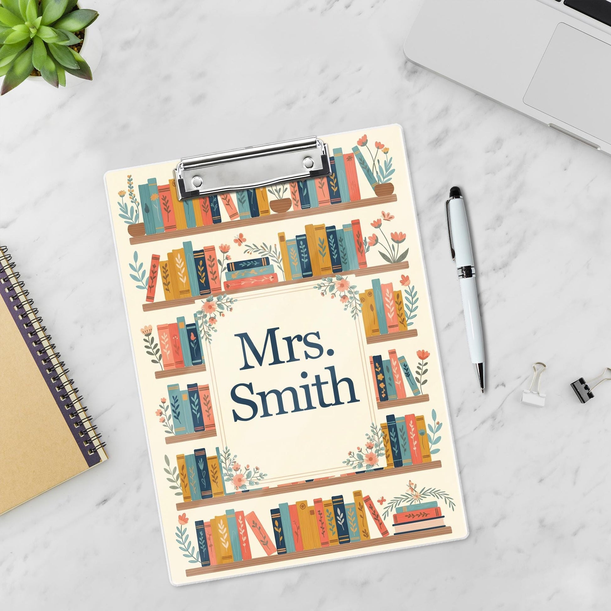 Personalized Teacher Gift, Back to School Gift Custom Teacher Clipboard, Floral Bookshelf Teacher Name Clipboard Librarian Gift Teacher