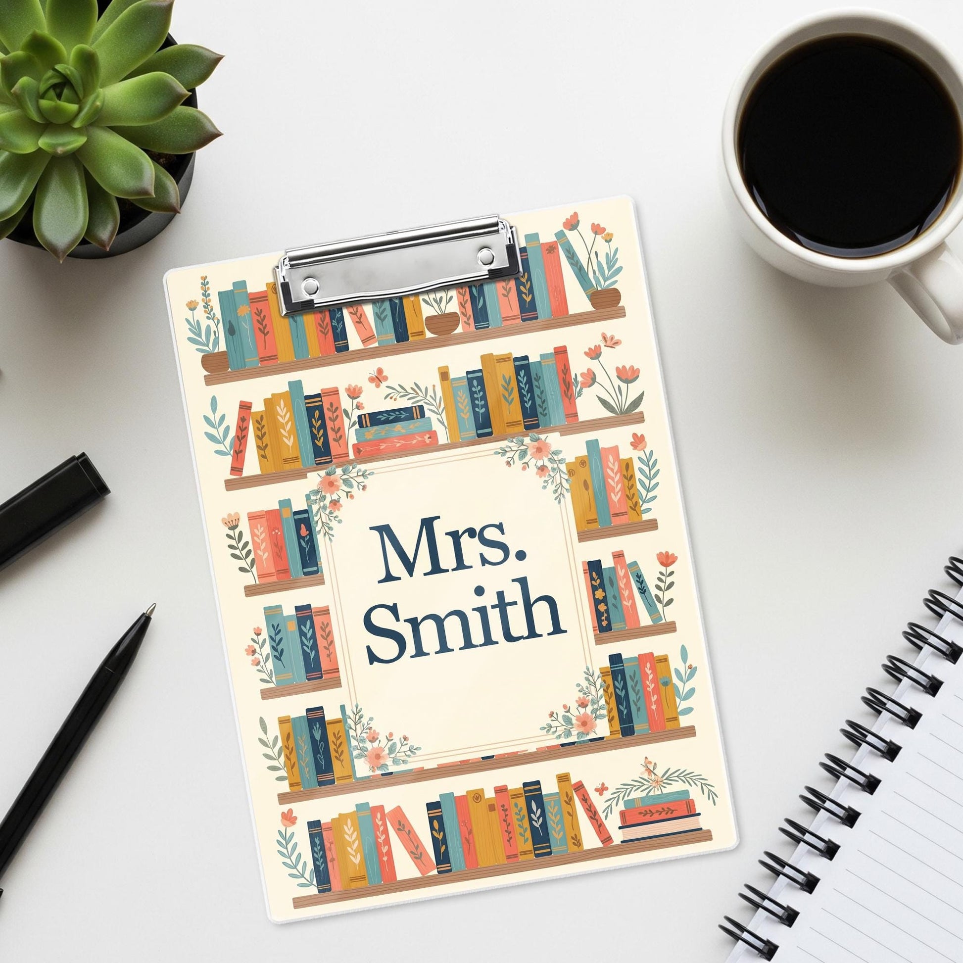 Personalized Teacher Gift, Back to School Gift Custom Teacher Clipboard, Floral Bookshelf Teacher Name Clipboard Librarian Gift Teacher