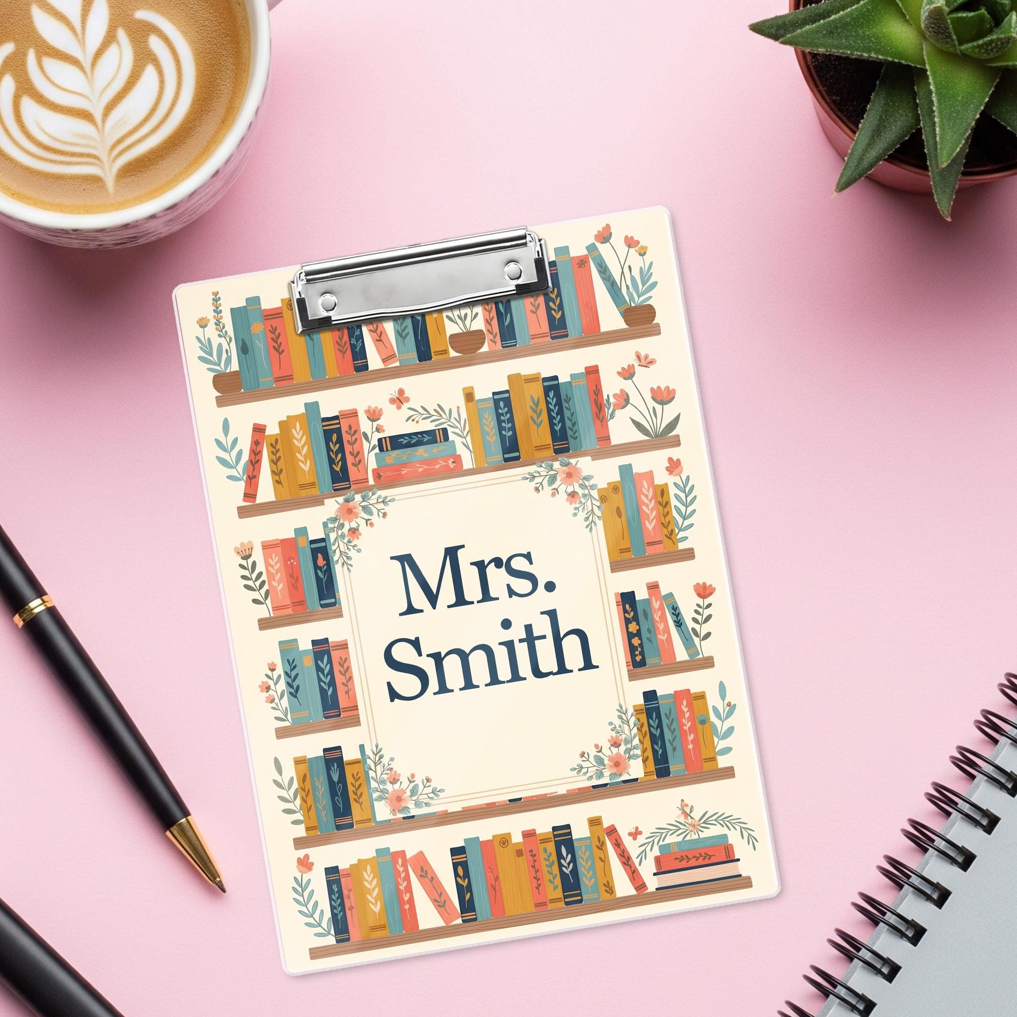 Personalized Teacher Gift, Back to School Gift Custom Teacher Clipboard, Floral Bookshelf Teacher Name Clipboard Librarian Gift Teacher