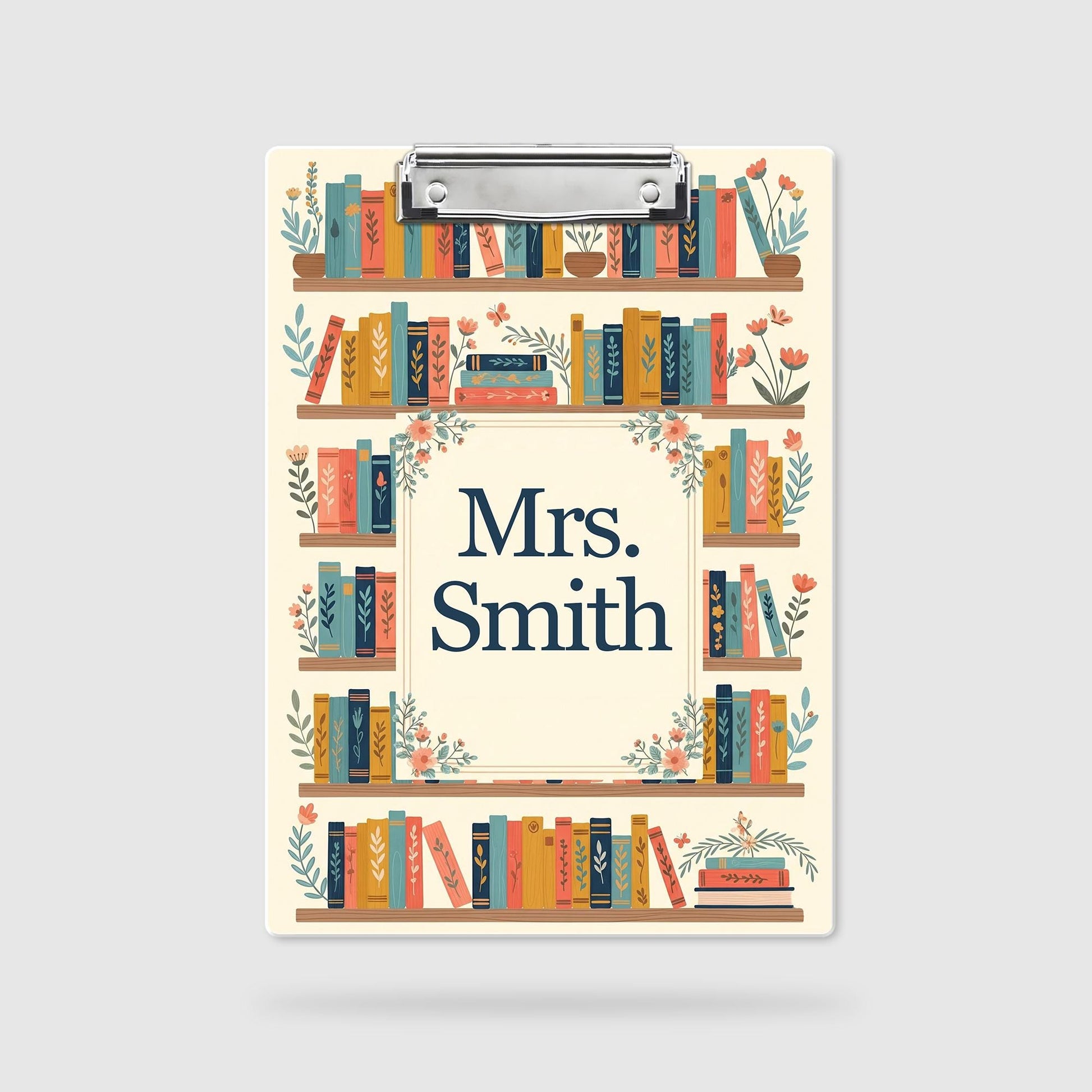 Personalized Teacher Gift, Back to School Gift Custom Teacher Clipboard, Floral Bookshelf Teacher Name Clipboard Librarian Gift Teacher