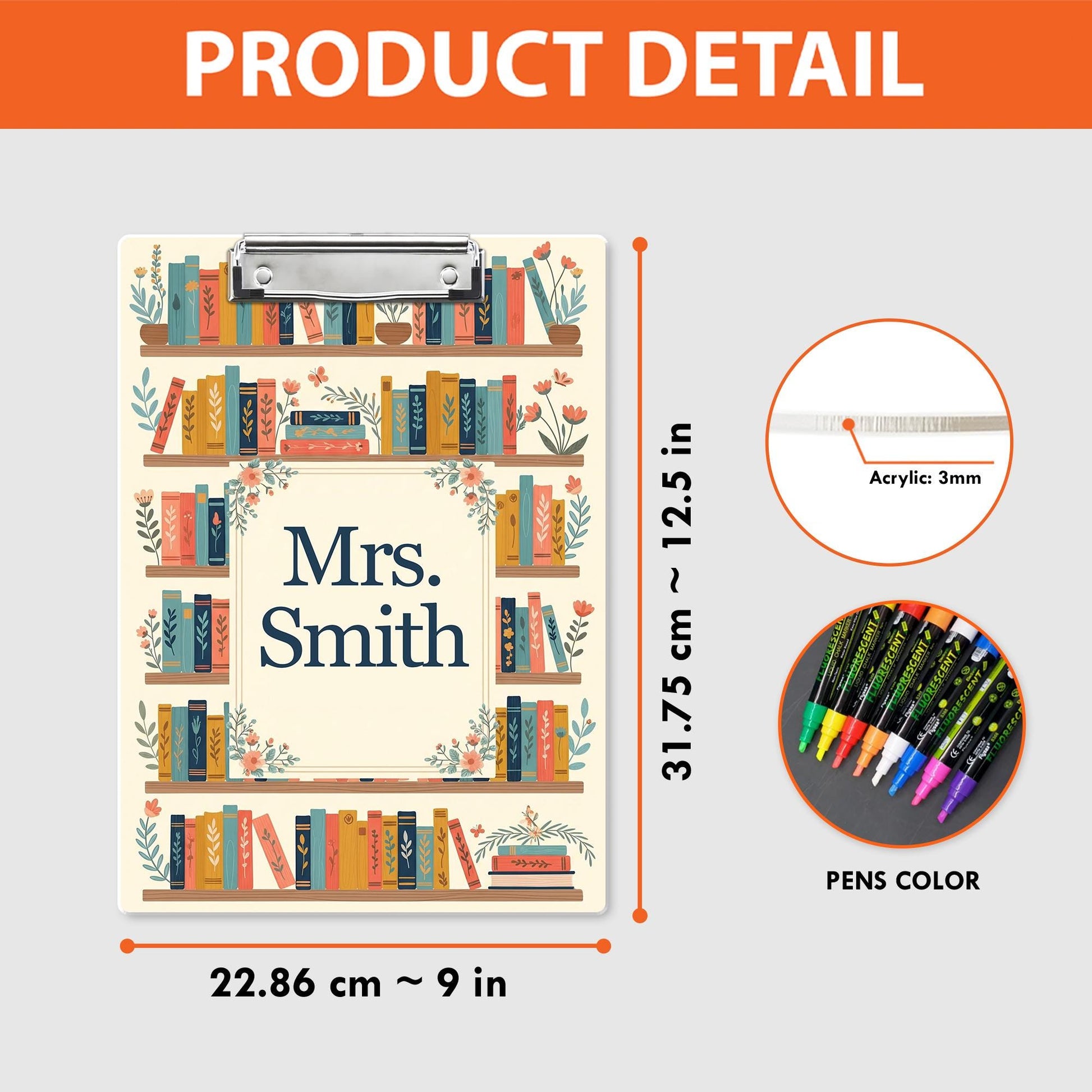 Personalized Teacher Gift, Back to School Gift Custom Teacher Clipboard, Floral Bookshelf Teacher Name Clipboard Librarian Gift Teacher