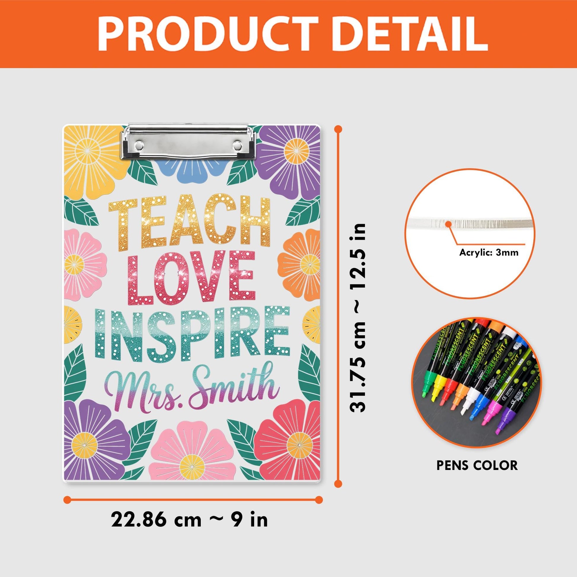 Teach Love Inspire Clipboard – Personalized Teacher Gift, Teacher Love Inspire Clipboard With Teacher Name Glitter , Back to School Gifts