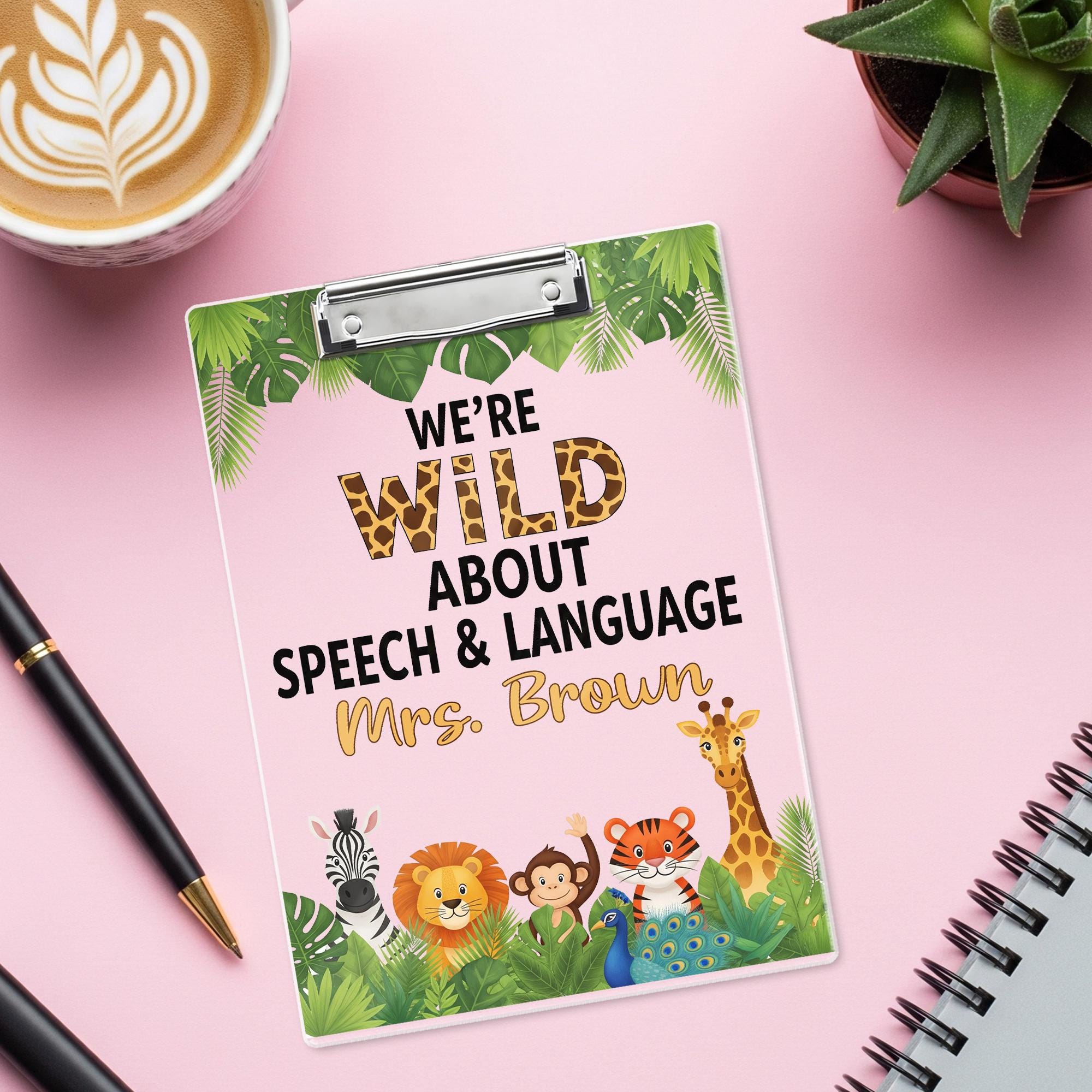 Wild About Speech, Language Clipboard, Personalized Jungle Animal SLP Gift, Custom Name Clipboard for Speech Therapist or Teacher, Educators