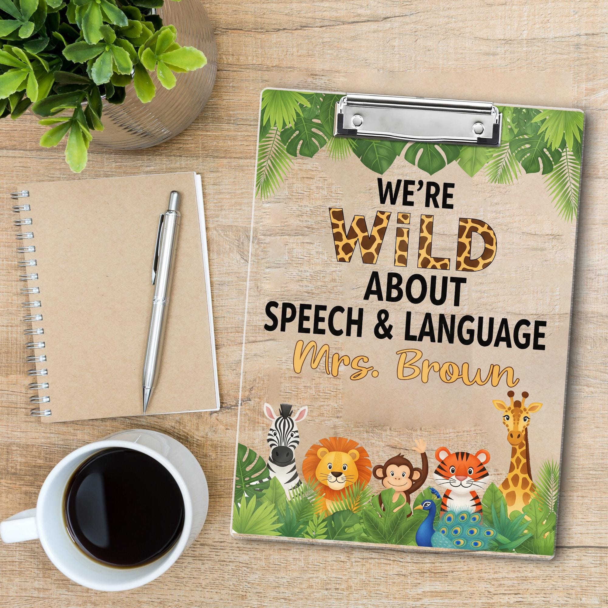 Wild About Speech, Language Clipboard, Personalized Jungle Animal SLP Gift, Custom Name Clipboard for Speech Therapist or Teacher, Educators