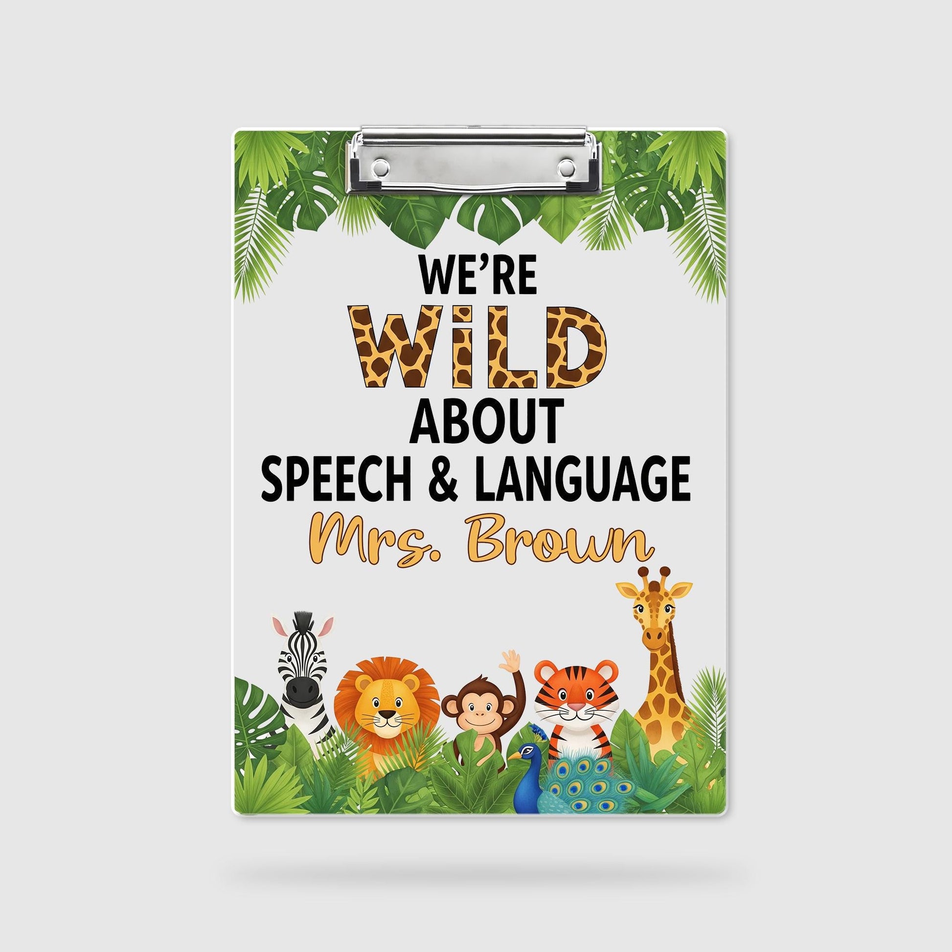 Wild About Speech, Language Clipboard, Personalized Jungle Animal SLP Gift, Custom Name Clipboard for Speech Therapist or Teacher, Educators