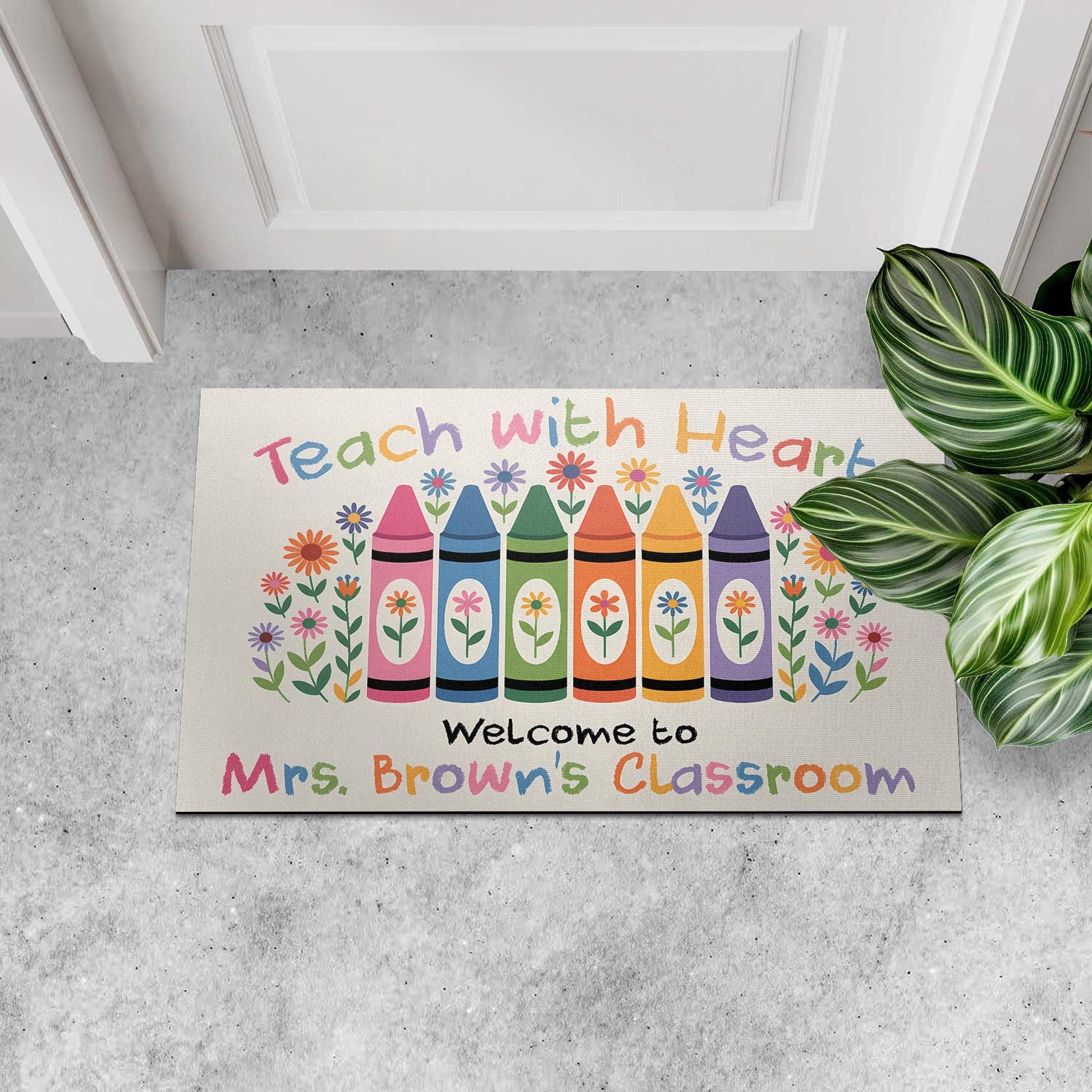 Teach with Heart Classroom Doormat – Personalized Crayon Welcome Mat for Teachers, Custom Back to School Decor for Classrooms, Teacher Gift