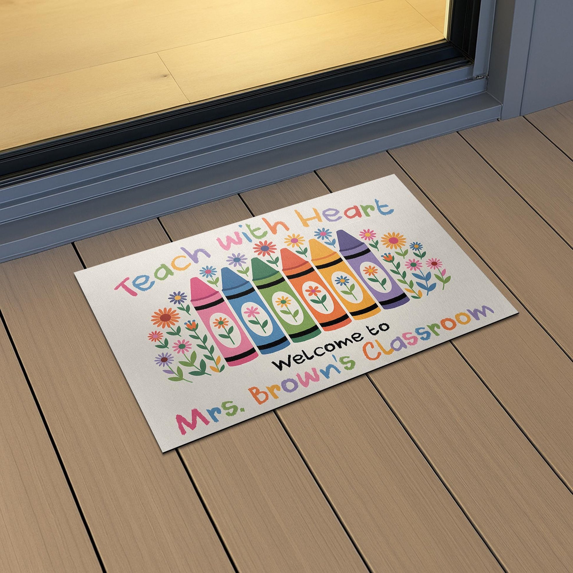 Teach with Heart Classroom Doormat – Personalized Crayon Welcome Mat for Teachers, Custom Back to School Decor for Classrooms, Teacher Gift
