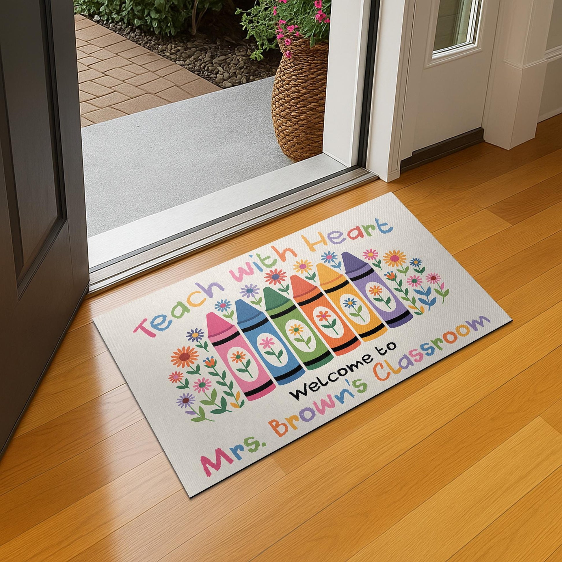 Teach with Heart Classroom Doormat – Personalized Crayon Welcome Mat for Teachers, Custom Back to School Decor for Classrooms, Teacher Gift