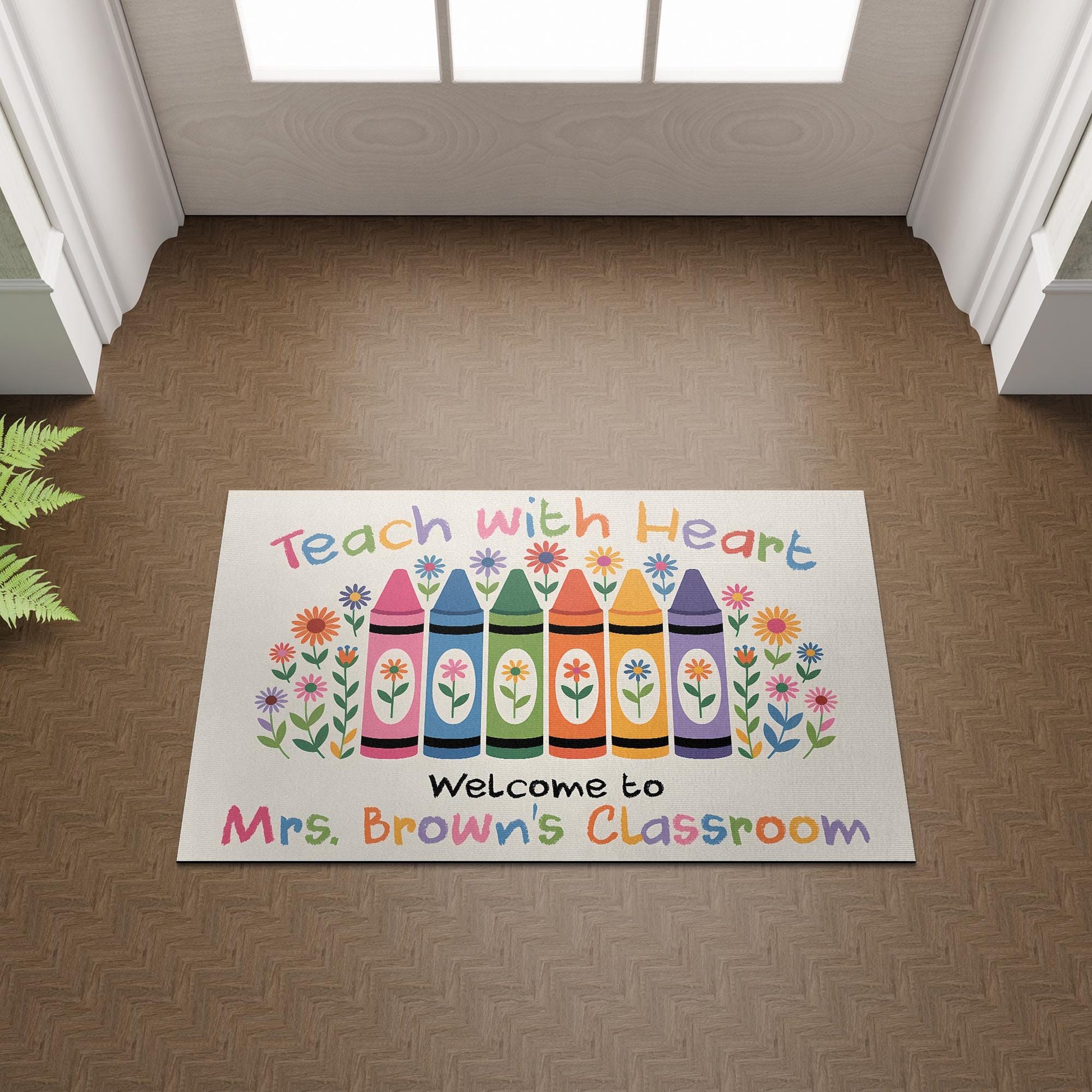 Teach with Heart Classroom Doormat – Personalized Crayon Welcome Mat for Teachers, Custom Back to School Decor for Classrooms, Teacher Gift
