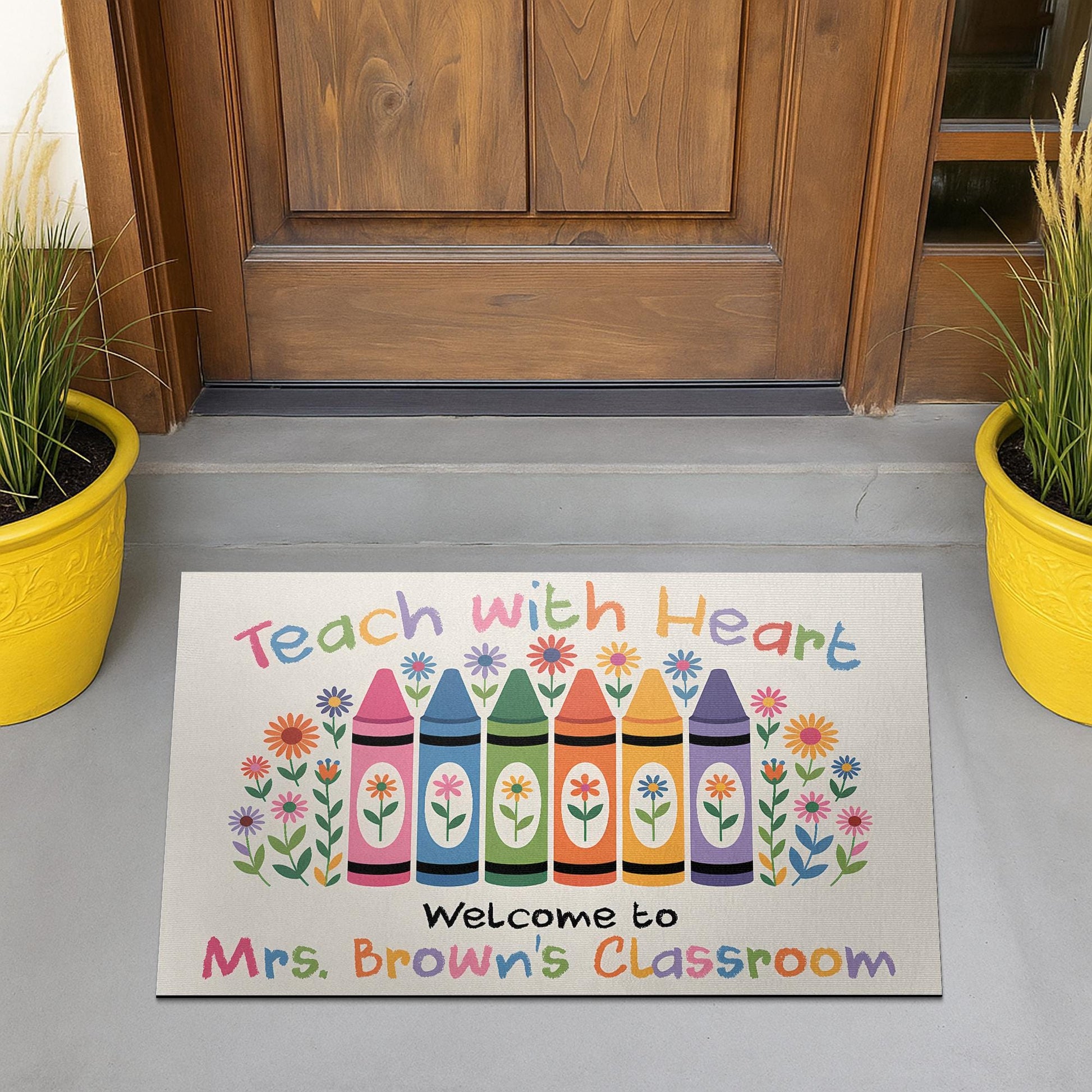 Teach with Heart Classroom Doormat – Personalized Crayon Welcome Mat for Teachers, Custom Back to School Decor for Classrooms, Teacher Gift