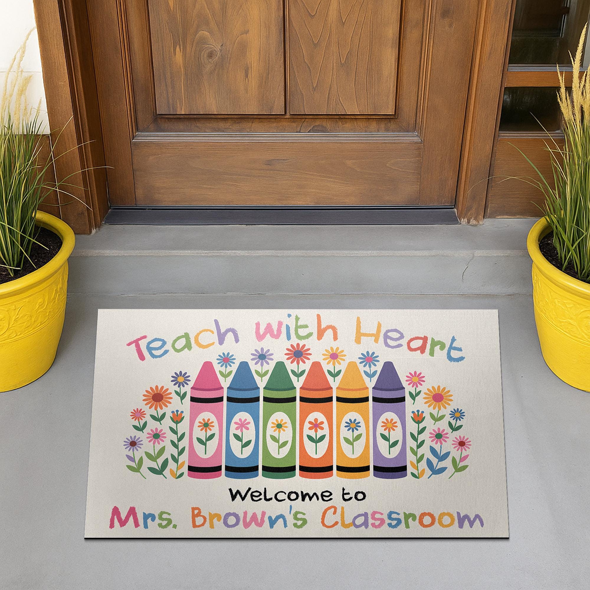 Teach with Heart Classroom Doormat – Personalized Crayon Welcome Mat for Teachers, Custom Back to School Decor for Classrooms, Teacher Gift