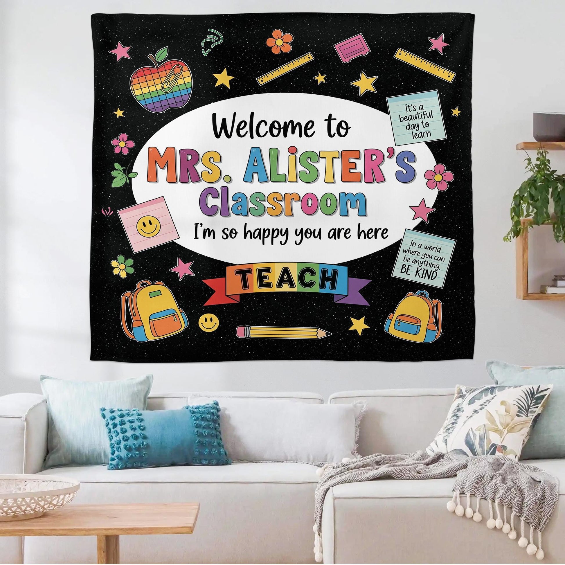 Personalized Classroom Tapestry, Welcome Banner for Classroom, Teacher Wall Decor, Back to School Sign, Rainbow Theme