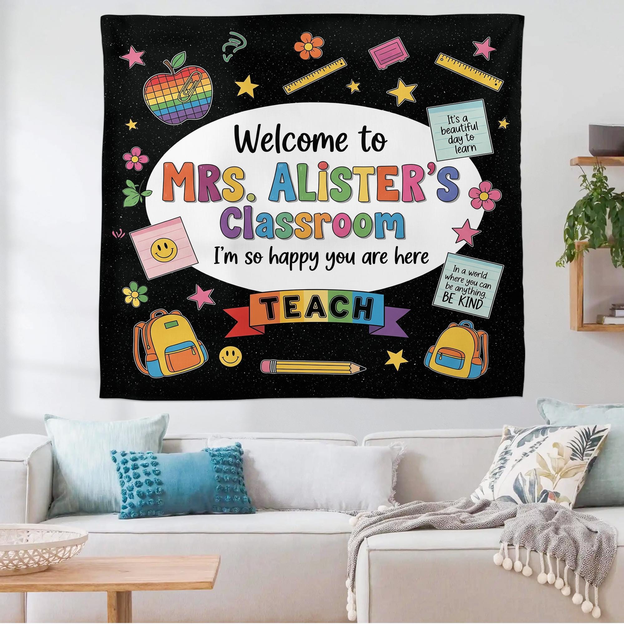 Personalized Classroom Tapestry, Welcome Banner for Classroom, Teacher Wall Decor, Back to School Sign, Rainbow Theme