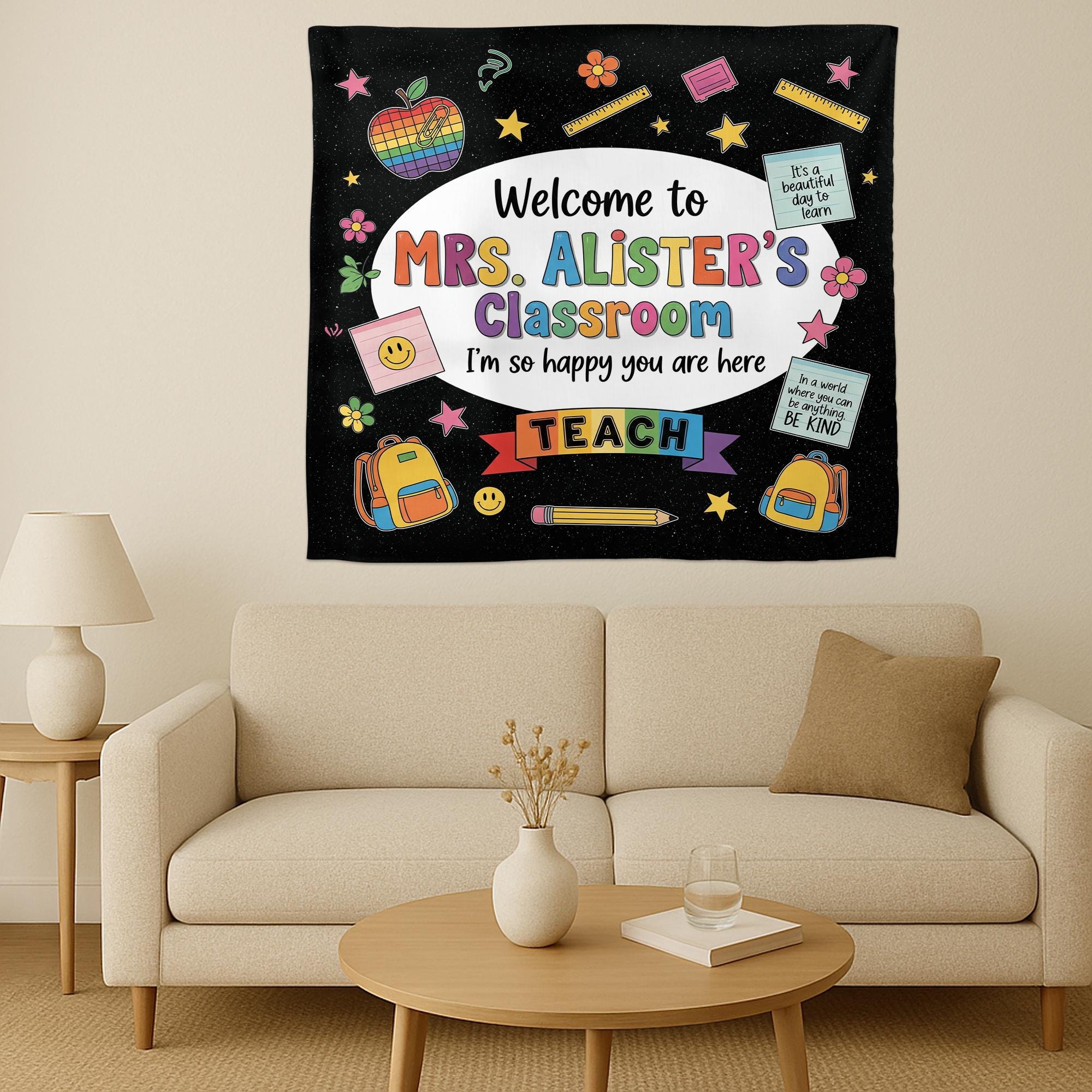 Personalized Classroom Tapestry, Welcome Banner for Classroom, Teacher Wall Decor, Back to School Sign, Rainbow Theme