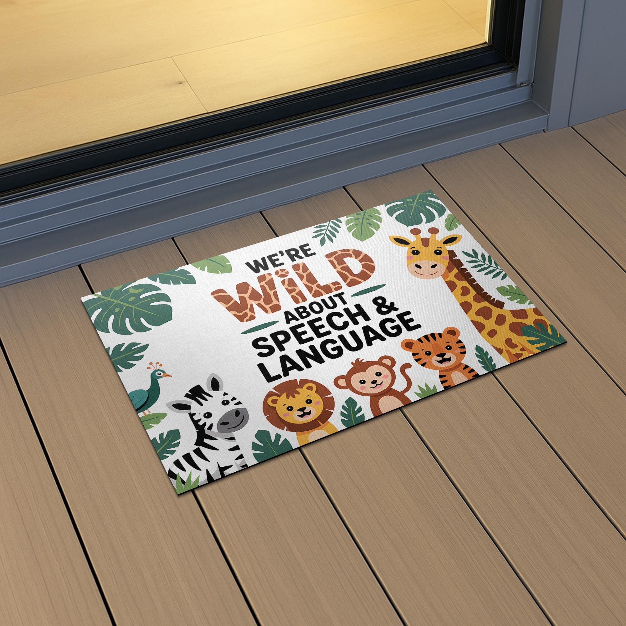 Wild About Speech, Language Doormat – Jungle Animal Welcome Mat for SLP Office, Cute Speech Therapy Decor for Clinic or Classroom