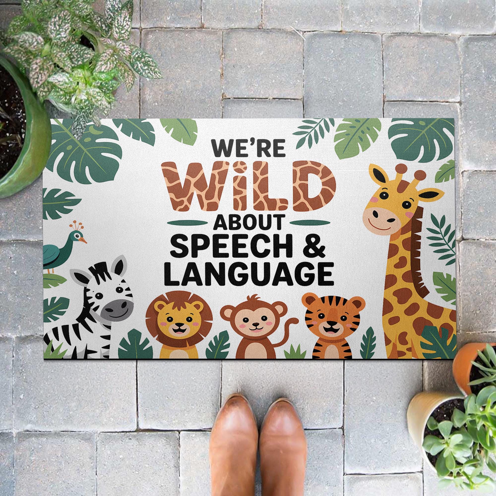 Wild About Speech, Language Doormat – Jungle Animal Welcome Mat for SLP Office, Cute Speech Therapy Decor for Clinic or Classroom