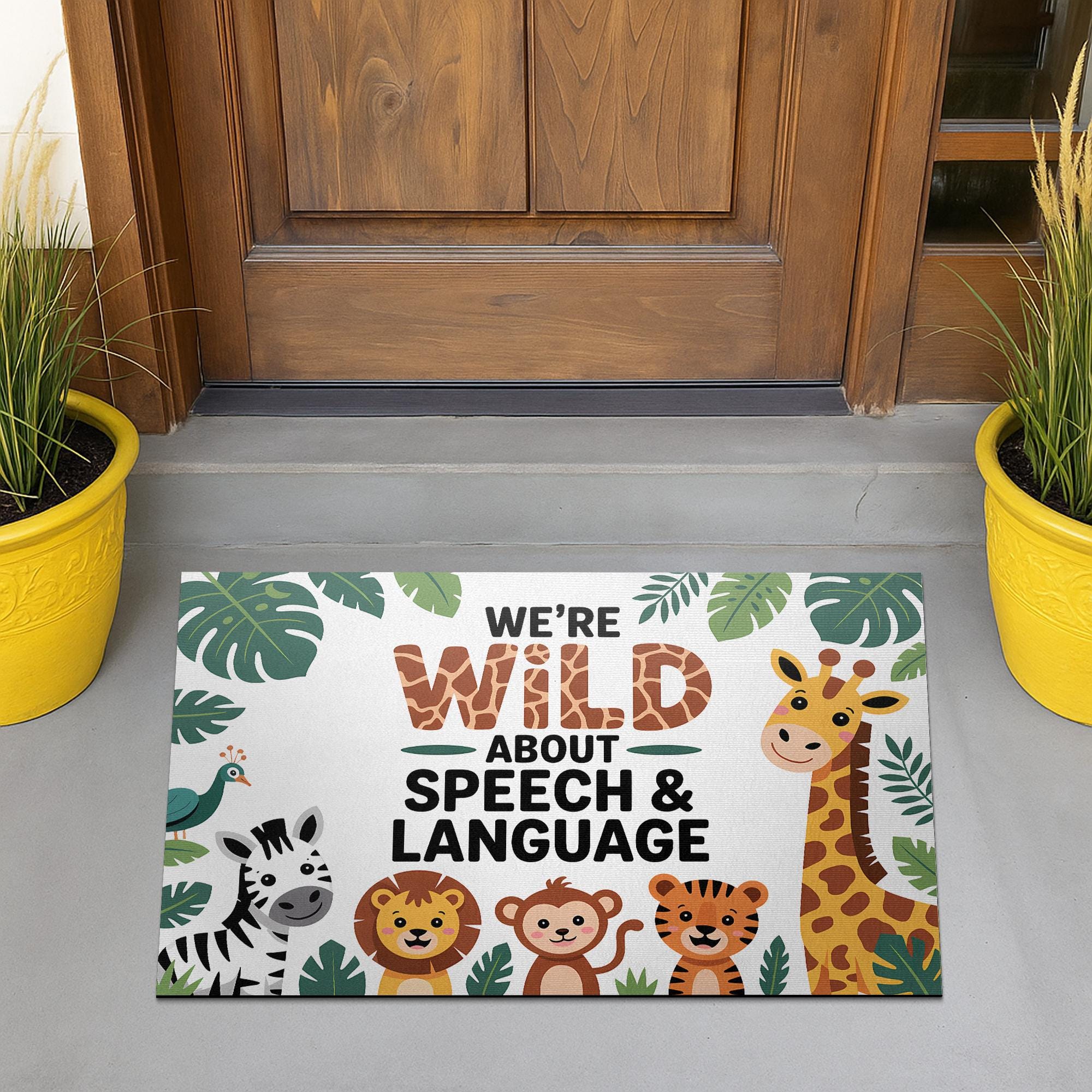 Wild About Speech, Language Doormat – Jungle Animal Welcome Mat for SLP Office, Cute Speech Therapy Decor for Clinic or Classroom